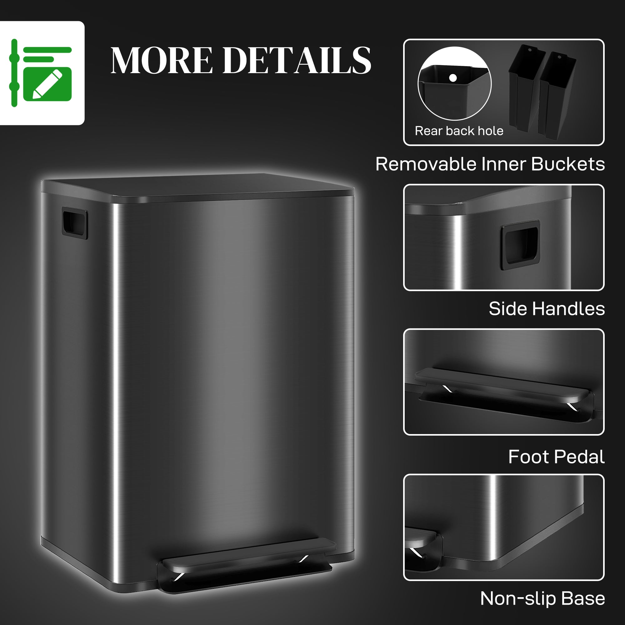 60L Dual Compartment Stainless Steel Bin, with Deodoriser Holders - Black