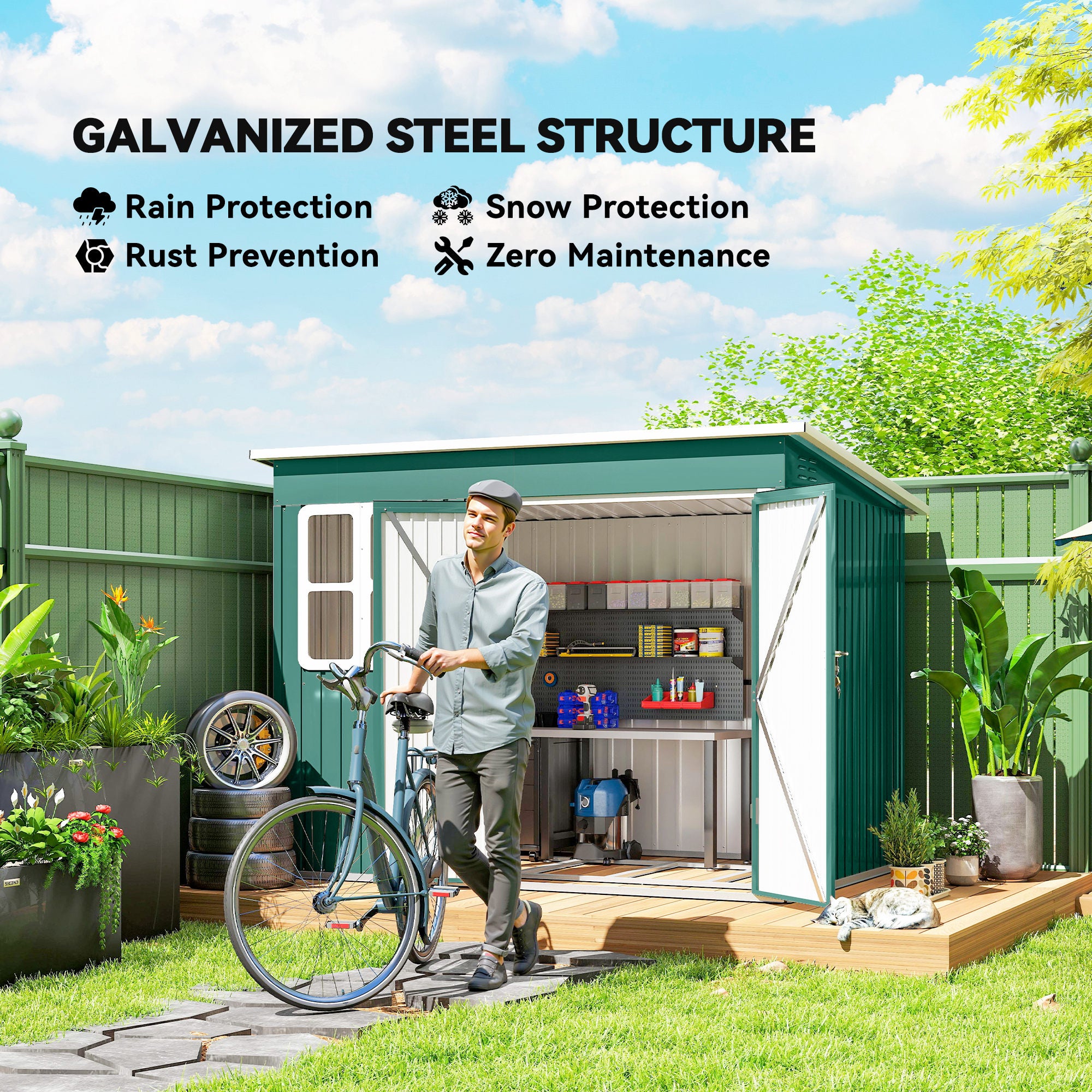 8.5 x 6ft Storage Shed Galvanised Steel Garden Shed, Metal Shed with Foundation Kit, Window, Lockable Wide Doors and Air Vents for Outdoor Patio, Green