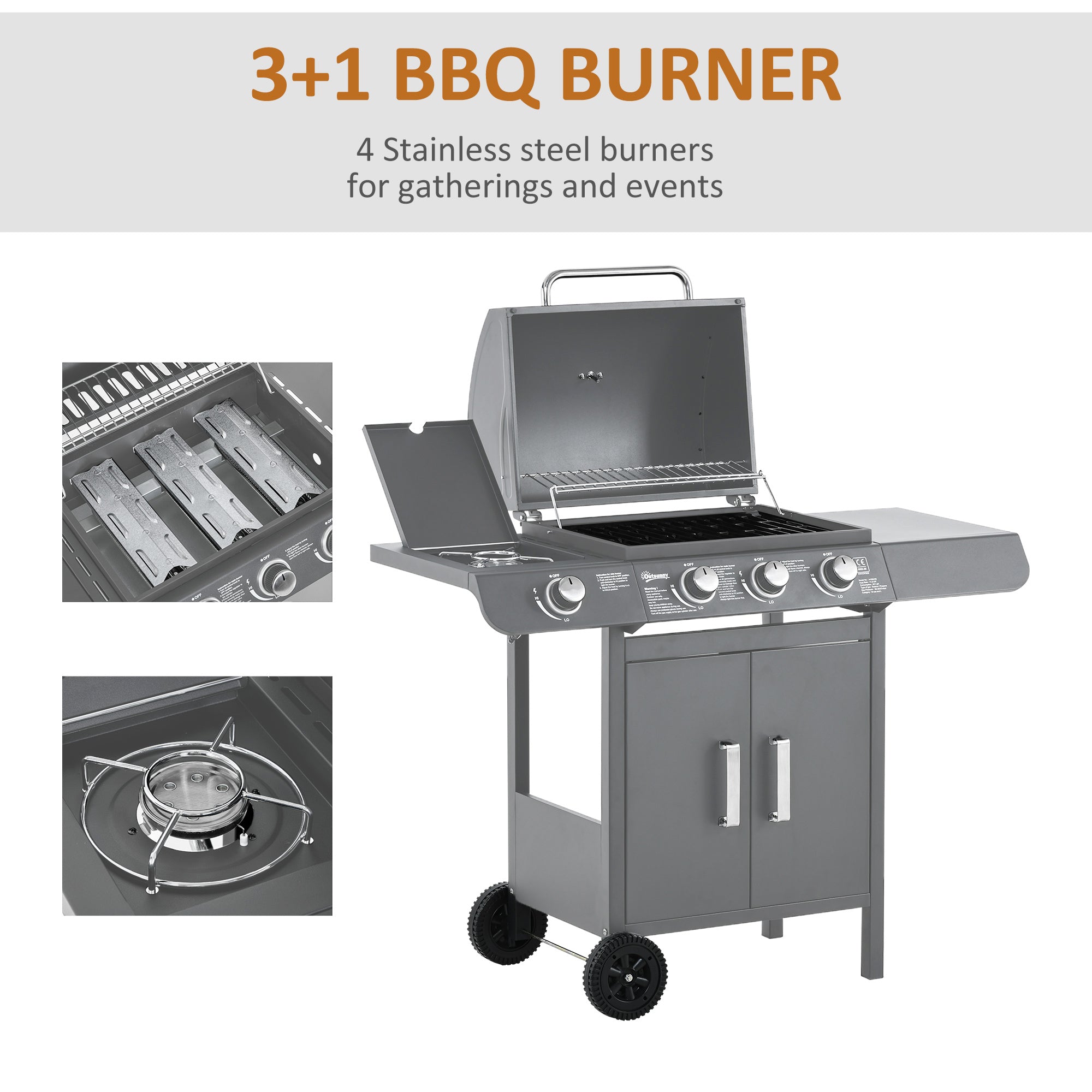 3+1 Burner Gas BBQ Grill Trolley with Wheels, Side Shelves, Cabinet & Thermometer - Grey