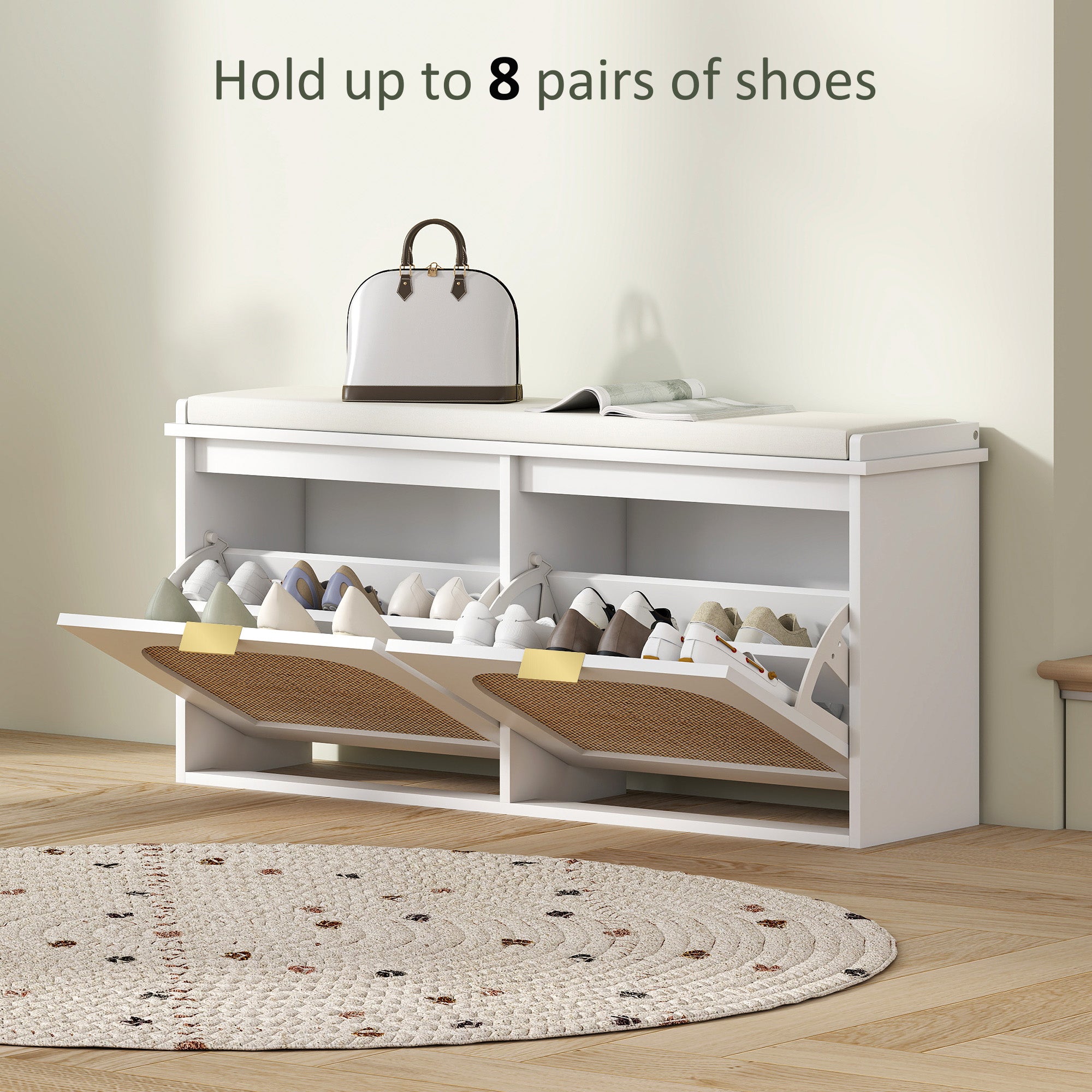 Boho Shoe Bench with Padded Seat and 2 Flip-Drawers - White