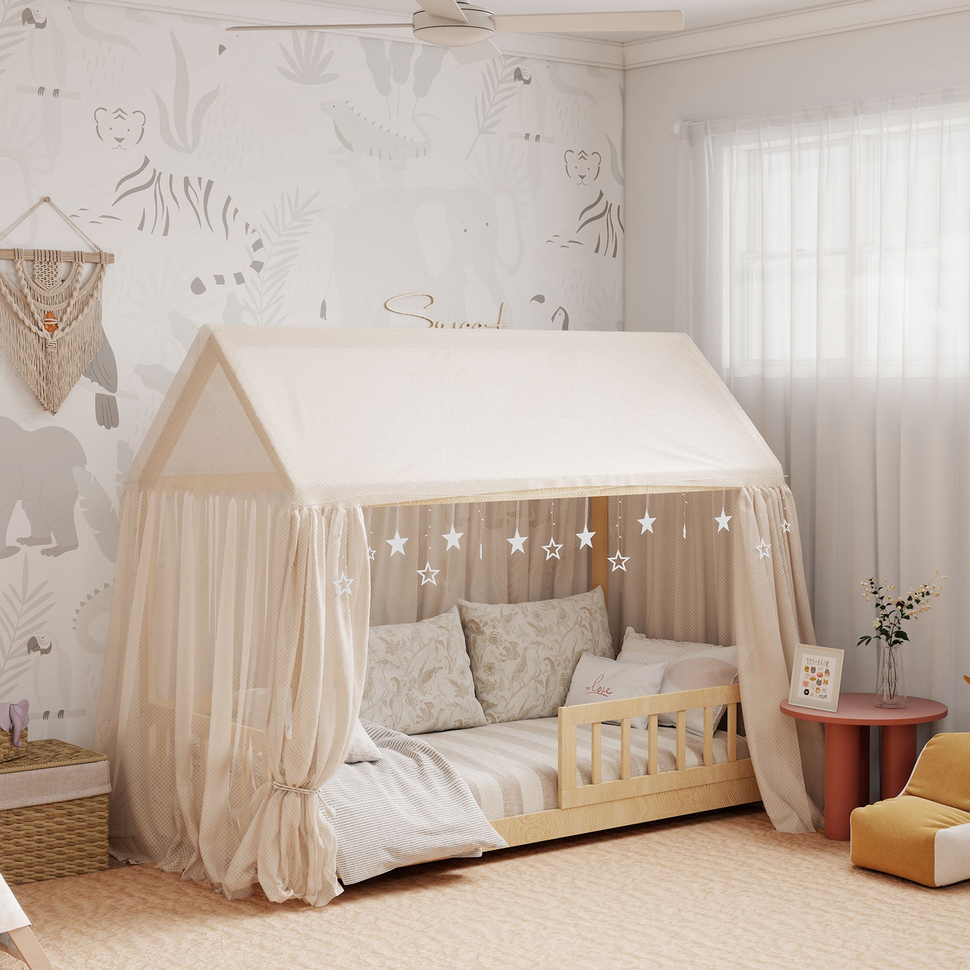 House-Shaped Kids Bed Frame with Guard Rails, Solid Pine Wood Single Bed Frame for Kids Boys and Girls, Natural