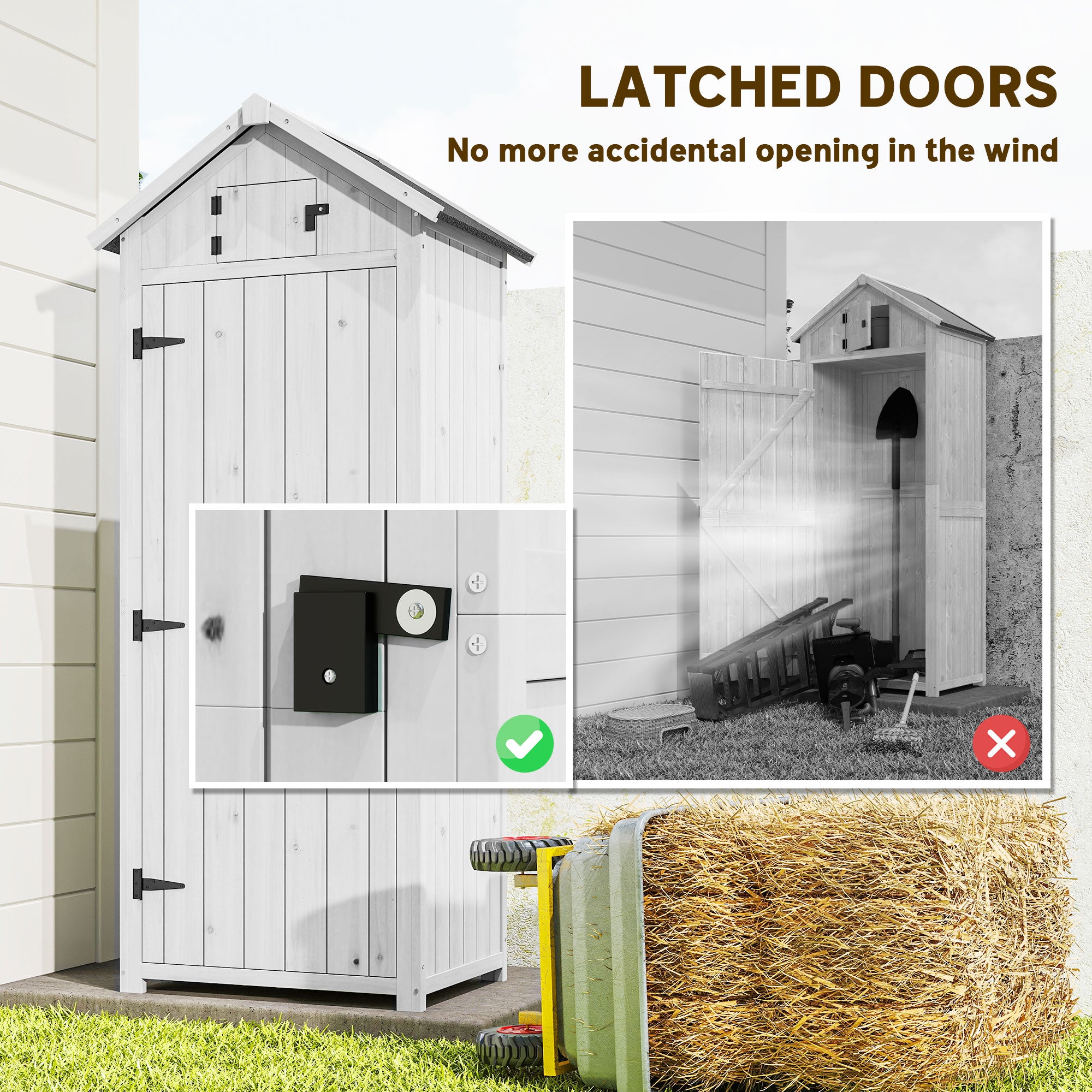 Small Shed, Tall Slim Wooden Garden Shed with 3 Removable Shelves and Roof Hatch, Compact Outdoor Tool Storage Cabinet with Asphalt Roof and Door Latch, 77 x 54.2 x 179 cm, Light Grey