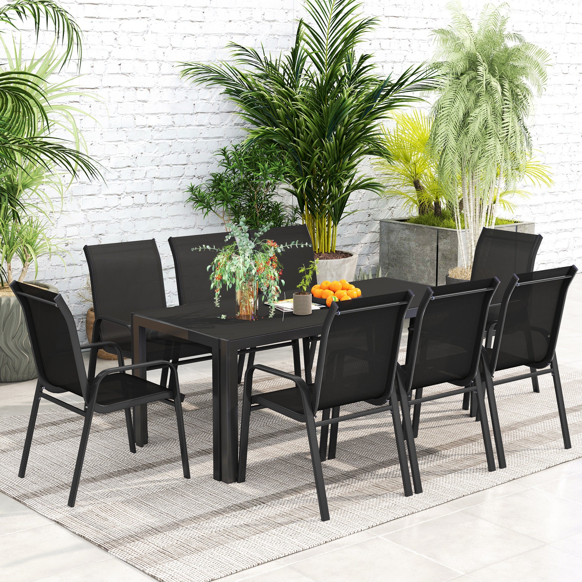 8 Seater Garden Dining Set with Stacking Chairs, Rectangular Tempered Glass Top, Garden Furniture Set, Outdoor Dining Table and Chairs for Patio, Balcony, Poolside, Black