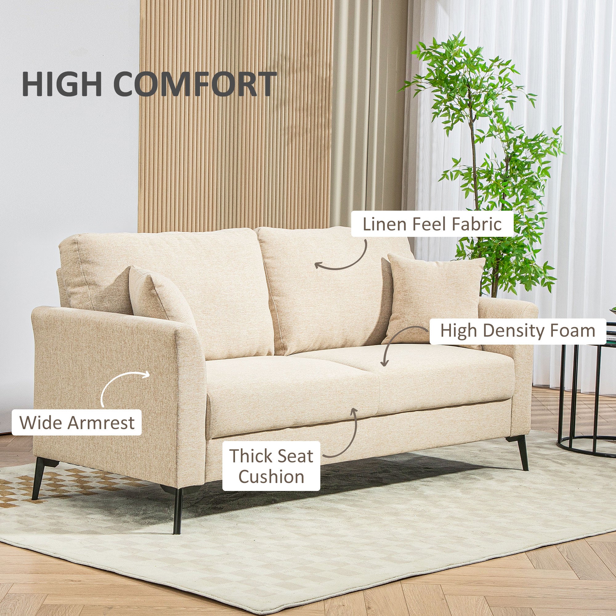 Modern 2 Seater Sofa, Linen Fabric Upholstered Loveseat Sofa with Metal Legs, Wood Frame and Padded Cushion for Living Room Bedroom Office, Beige