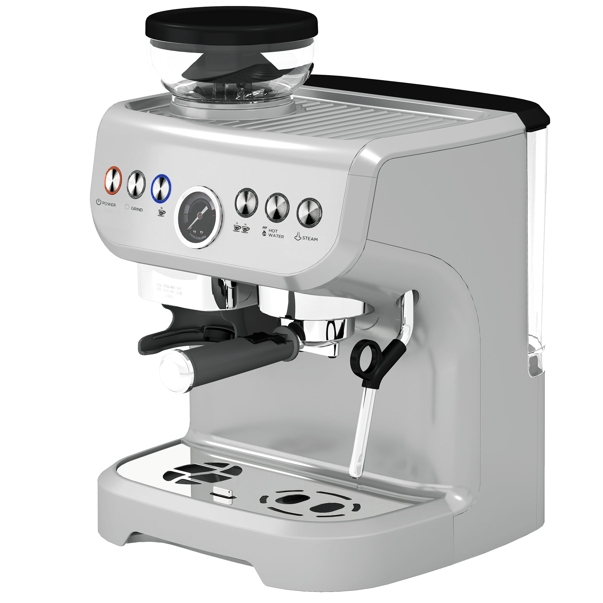 15 Bar Coffee Machine, with Adjustable Grind, Steamer and Accessories - Silver Colour