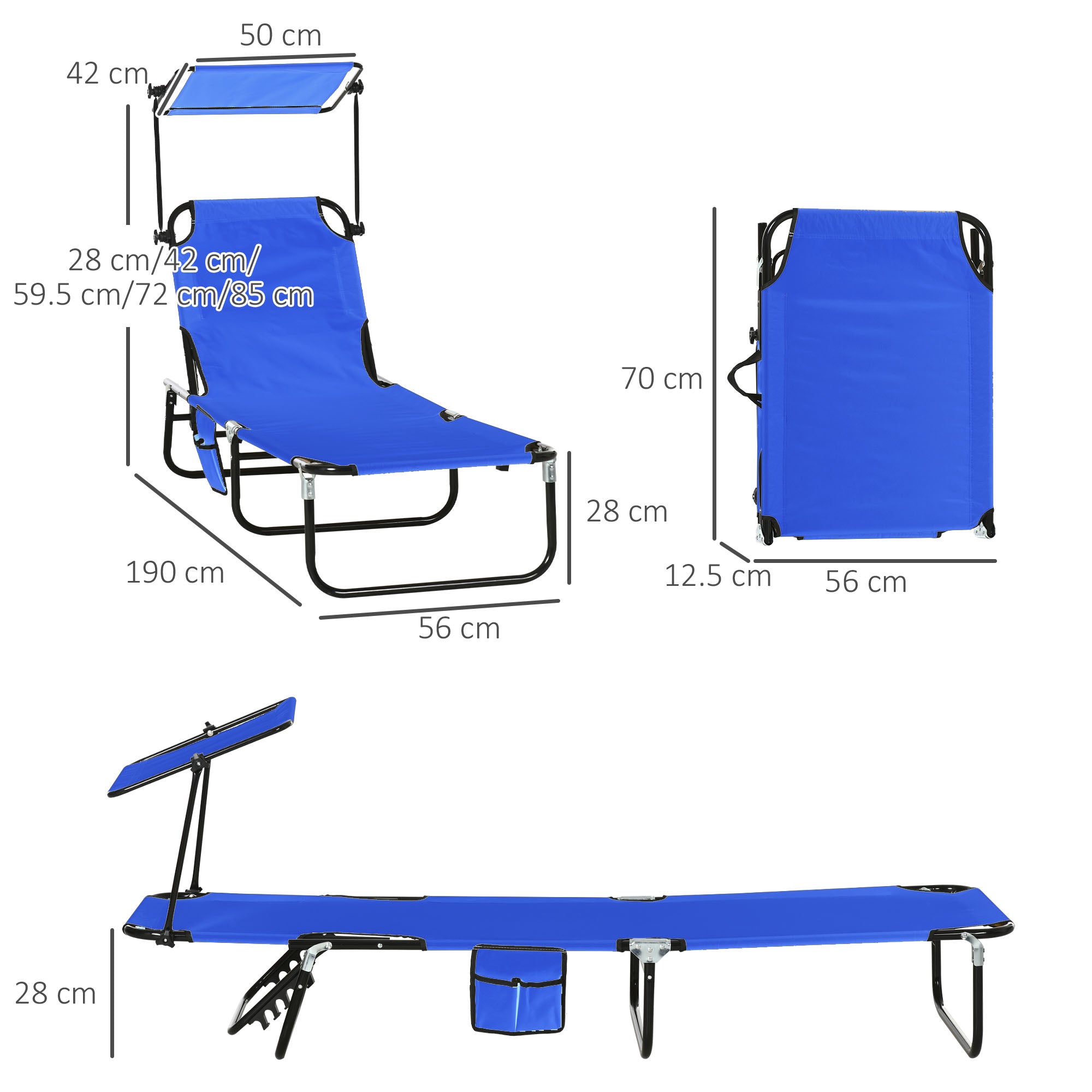 Set of Two Folding Sun Loungers, with Adjustable Backs and Sun Canopies - Blue