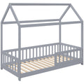 House-Shaped Kids Bed Frame with Guard Rails, Solid Pine Wood Single Bed Frame for Kids Boys and Girls, Grey