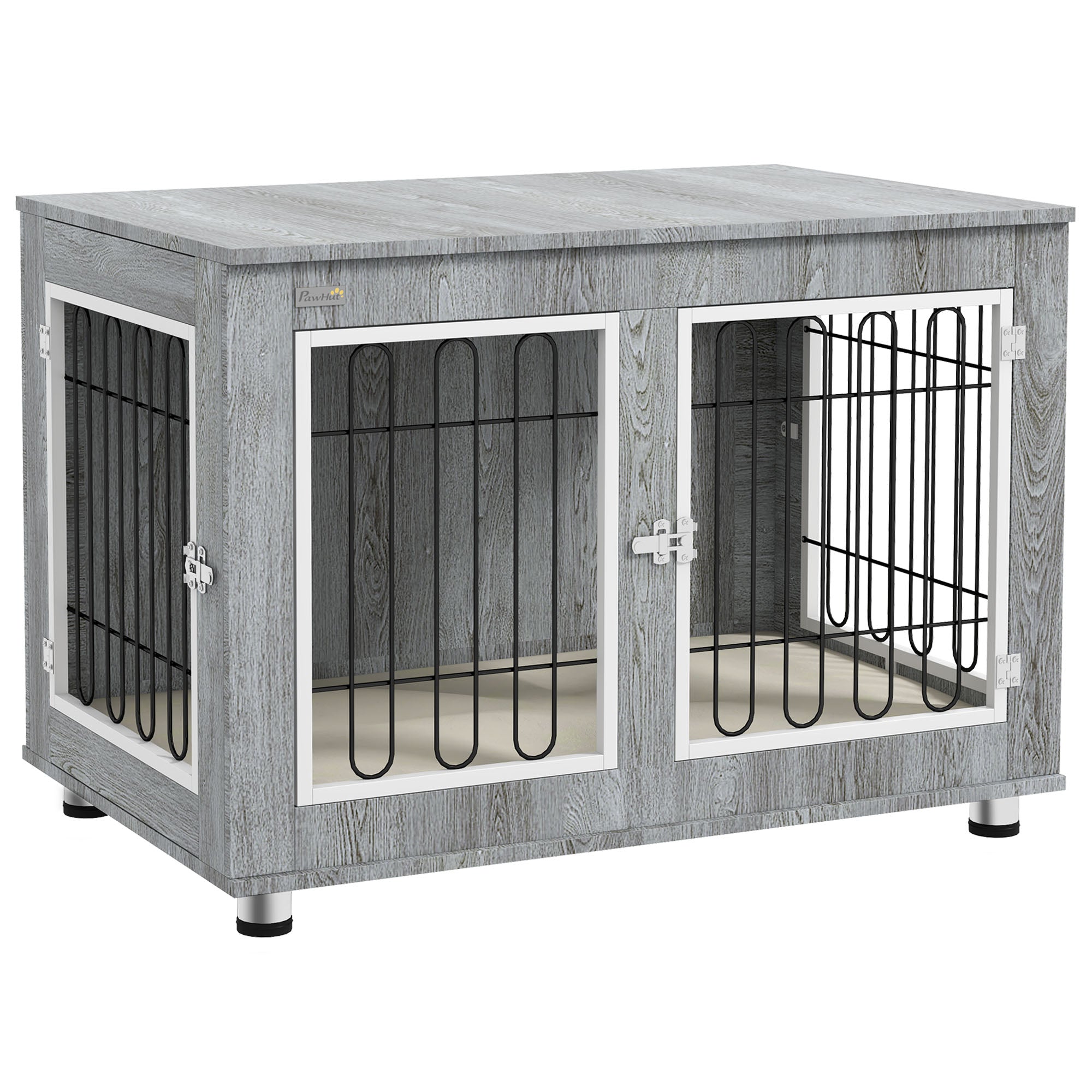 Dog Crate Furniture End Table, with Washable Cushion, Double Doors, for Medium/Large Dogs, Grey