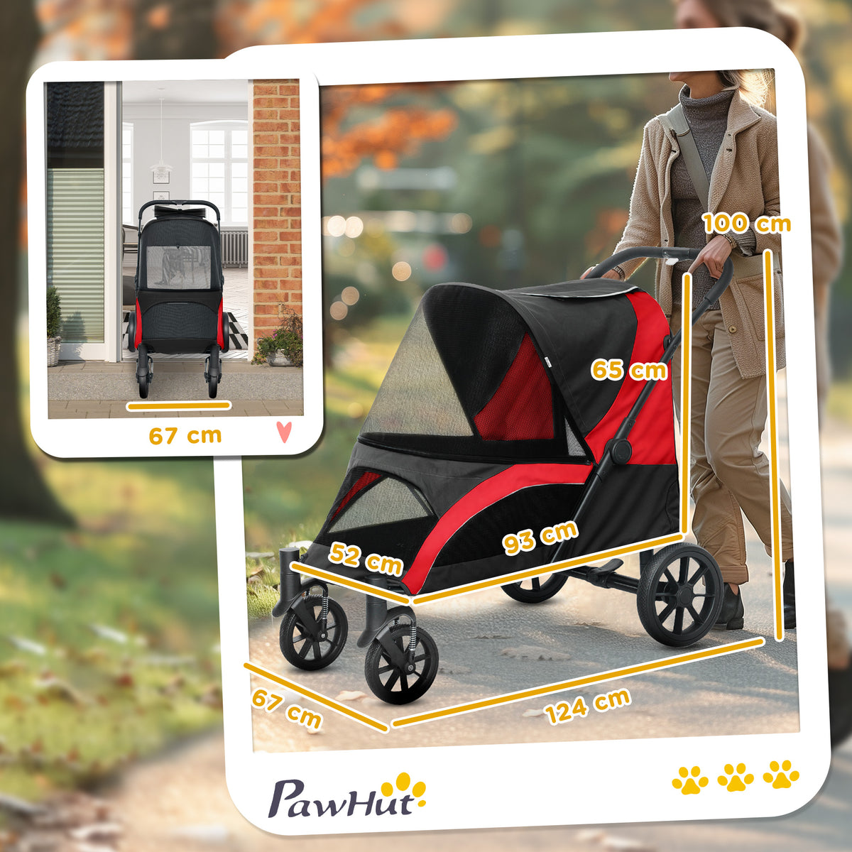 Easy Folding Large Dog Pet Stroller with Shock Absorb Wheels, Safety Leashes & Brakes - Black