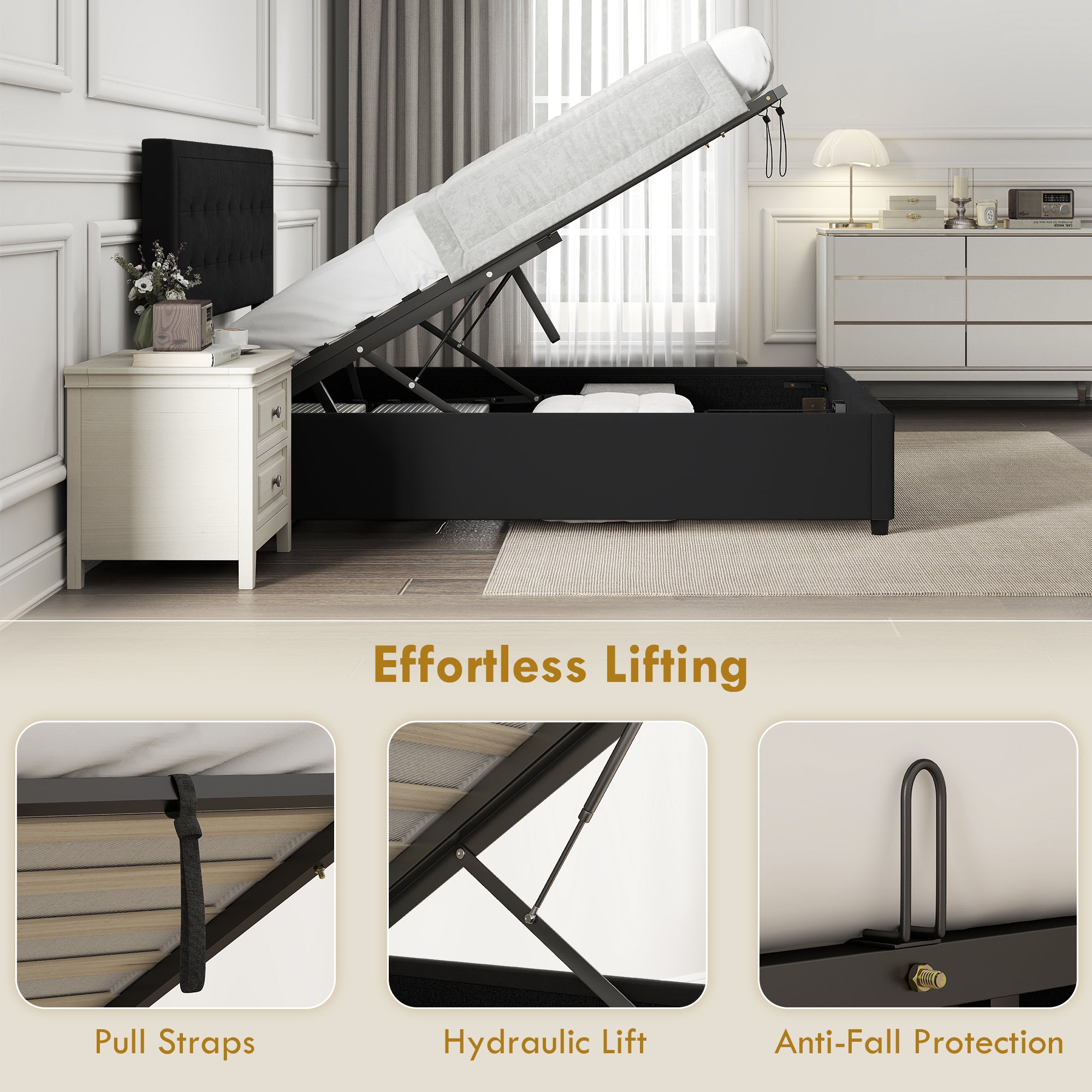 Double Ottoman Bed Frame, with Front Drawer - Black