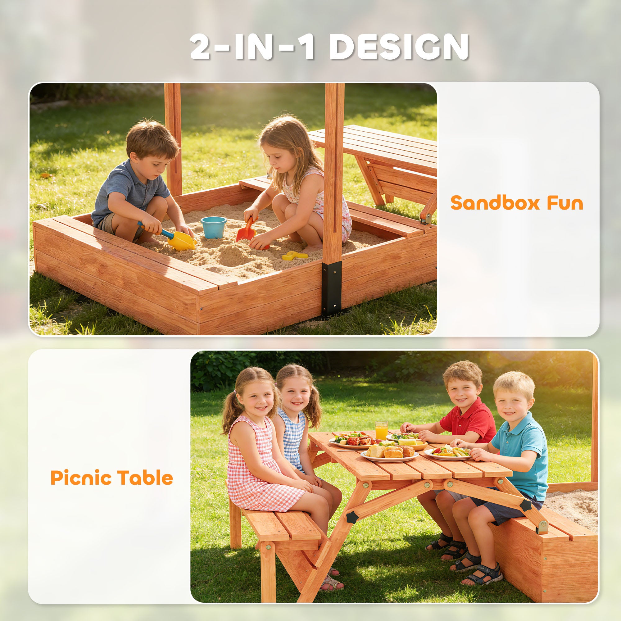 Kids Sand Pit with Lid, Wooden Sandpit with Canopy, Foldable Picnic Table, Bench Seats, Bottom Liner for Patio Garden