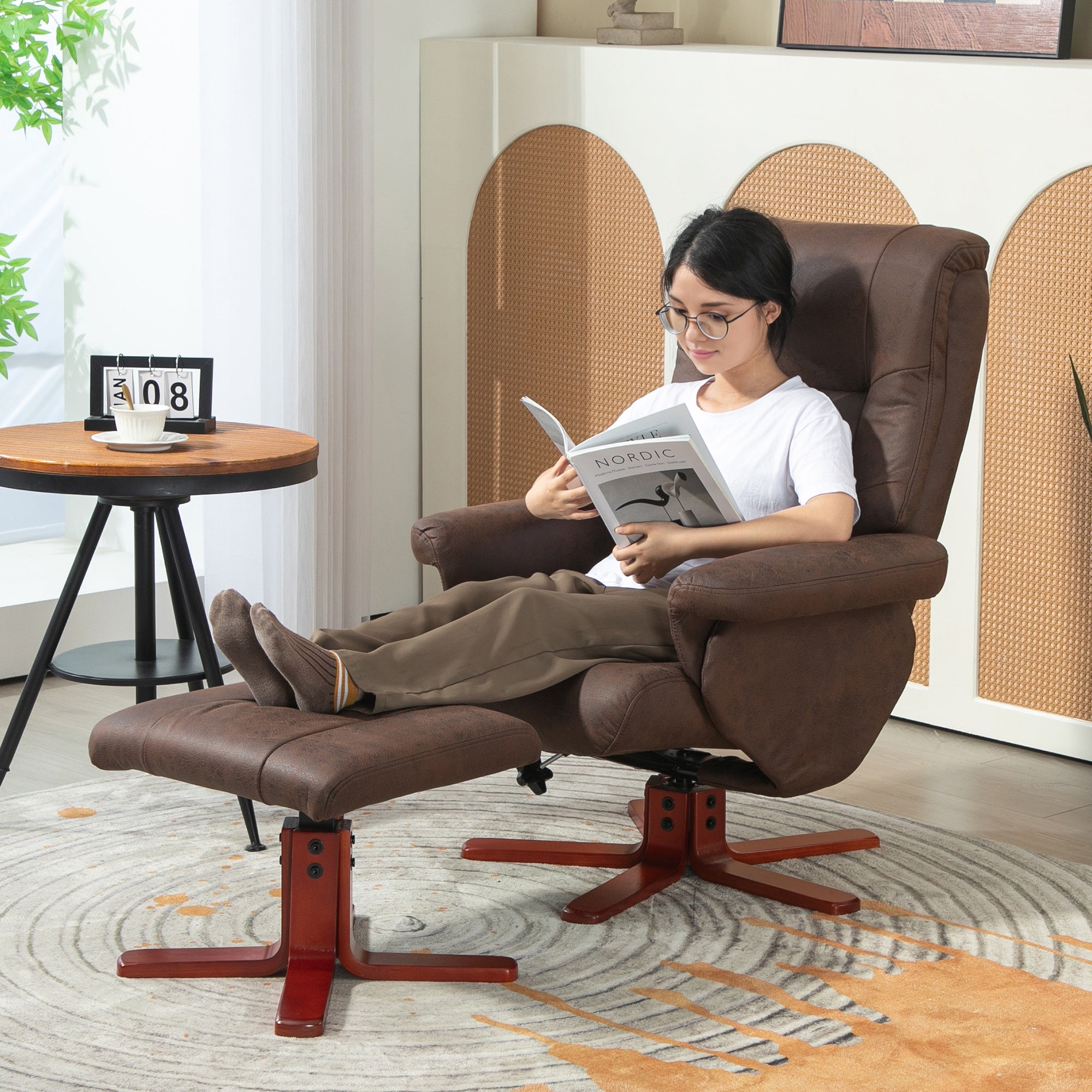 Faux Microfibre Leather Manual Recliner and Footstool Set - Dark Brown