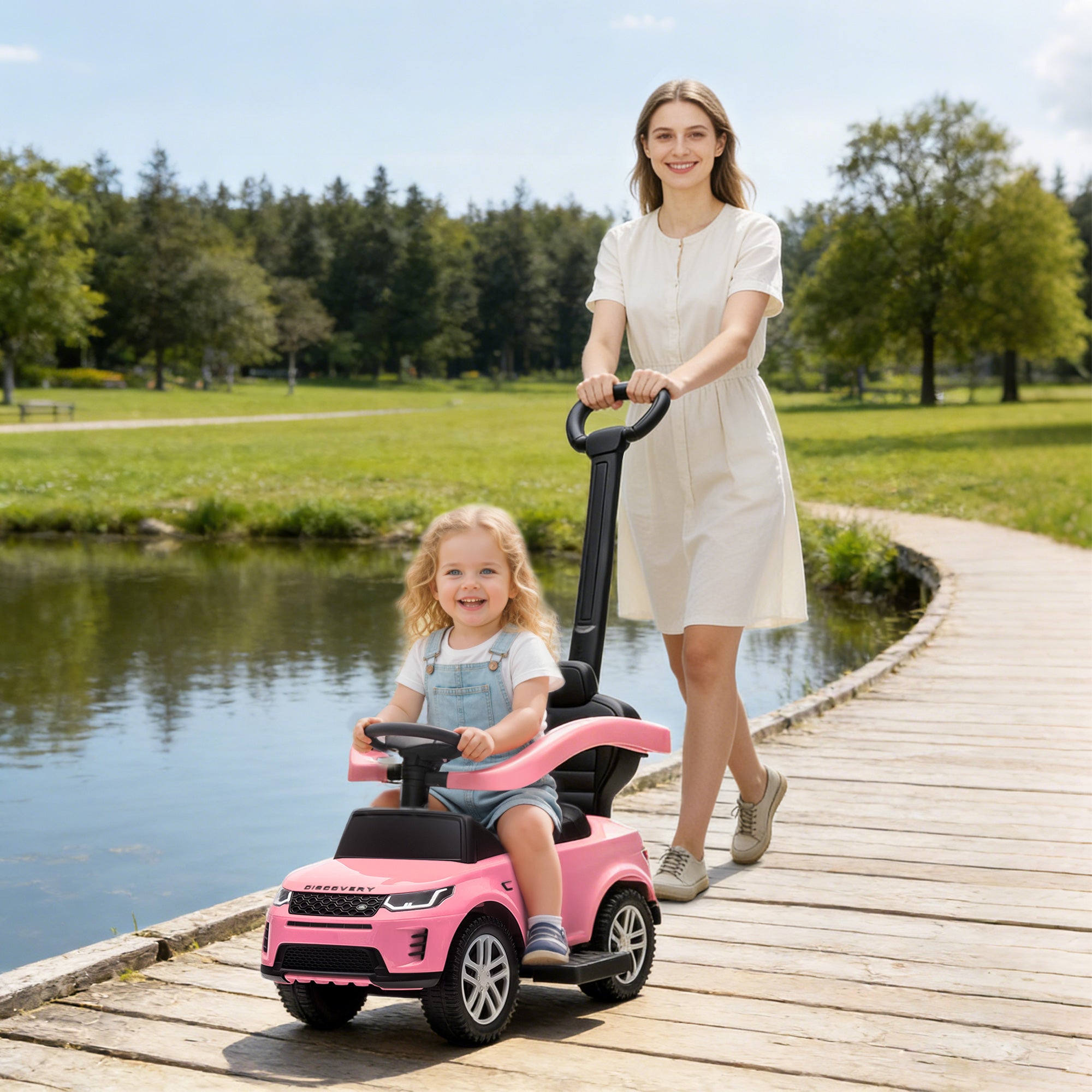 Land Rover Discovery Licensed Baby Push Car, 2-in-1 Ride on Car with Push Handle and Safety Guardrail, Pink