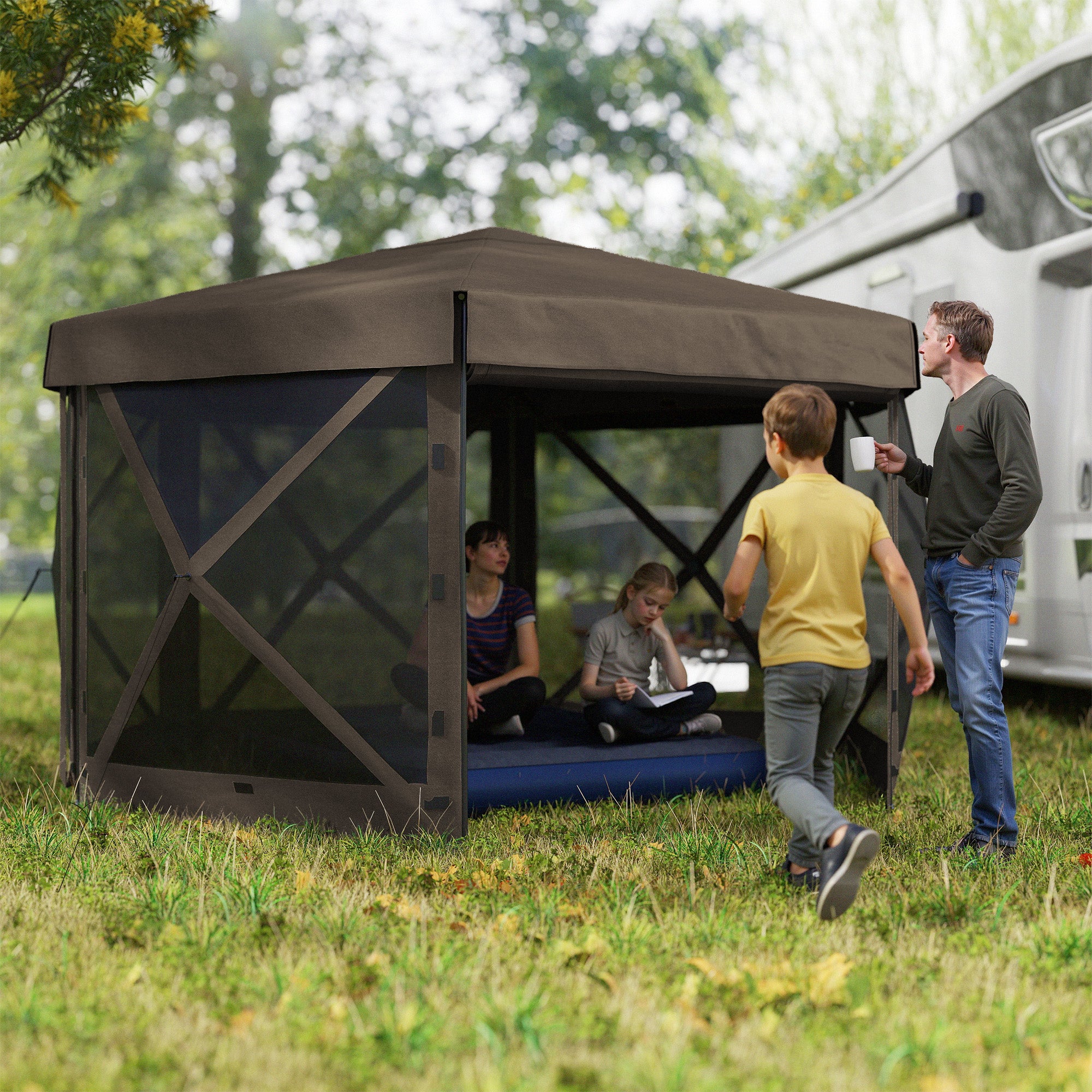 3x3 Metre Hexagon Pop Up Gazebo with Netting Waterproof - Brown