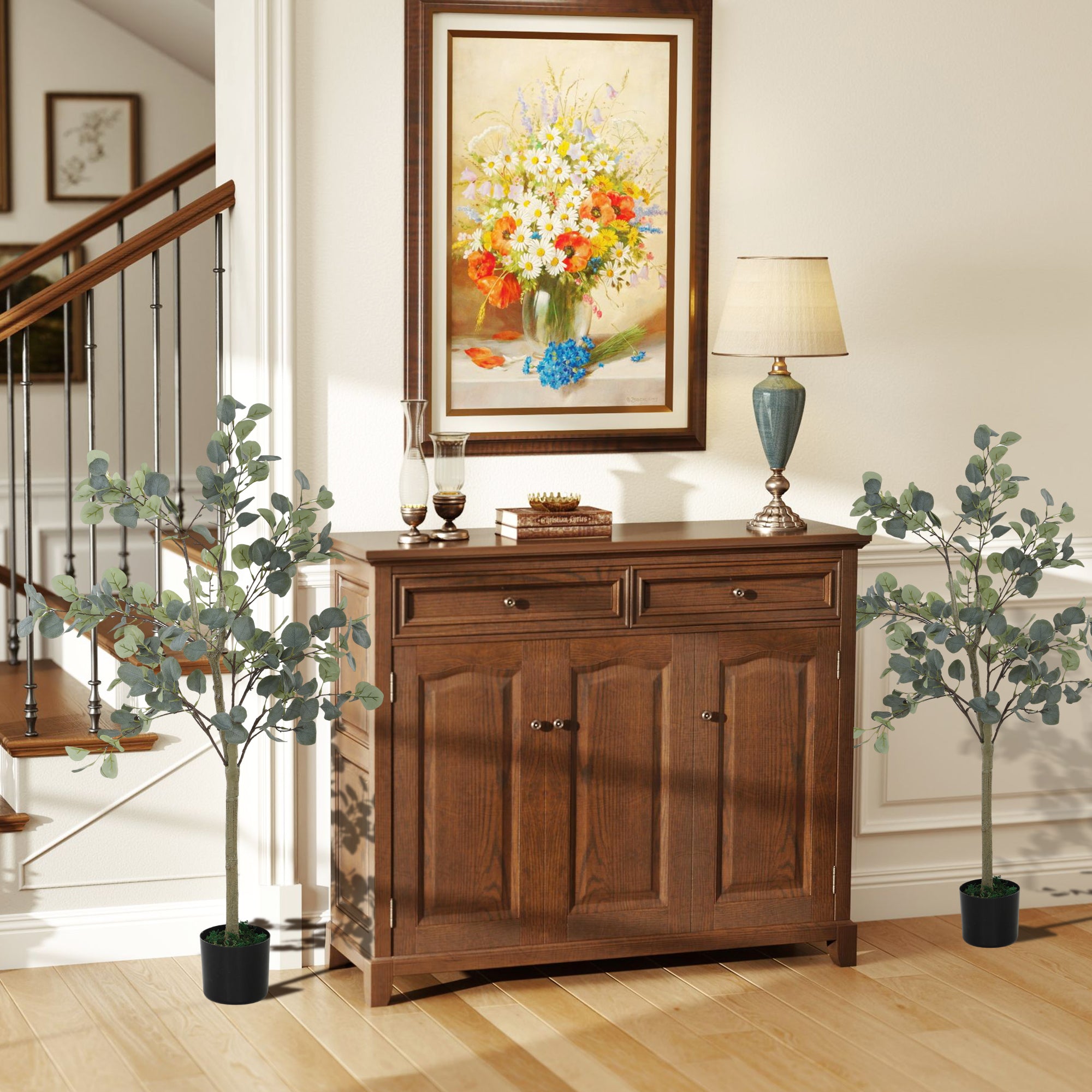 Set of 2 Decorative Artificial Tree, 4ft/ 120cm Silk Eucalyptus Trees with 230 Silver Dollar Leaves in Pot, Fake Plants for Home, Office, Living Room, Indoor Decor