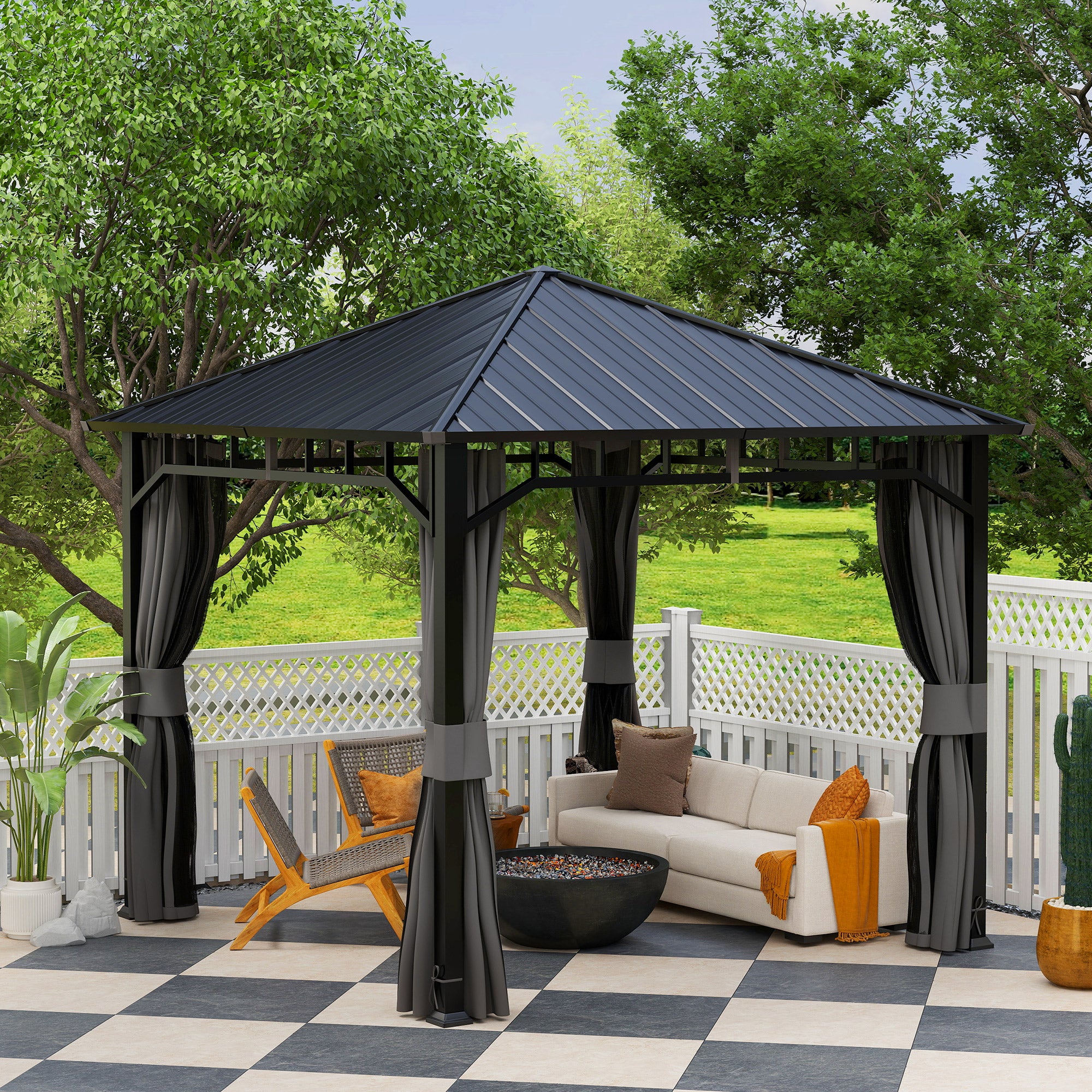 3 x 3m Hardtop Gazebo with Galvanised Steel Roof, Water Gutter, Netting & Curtains for Patio - Dark Grey