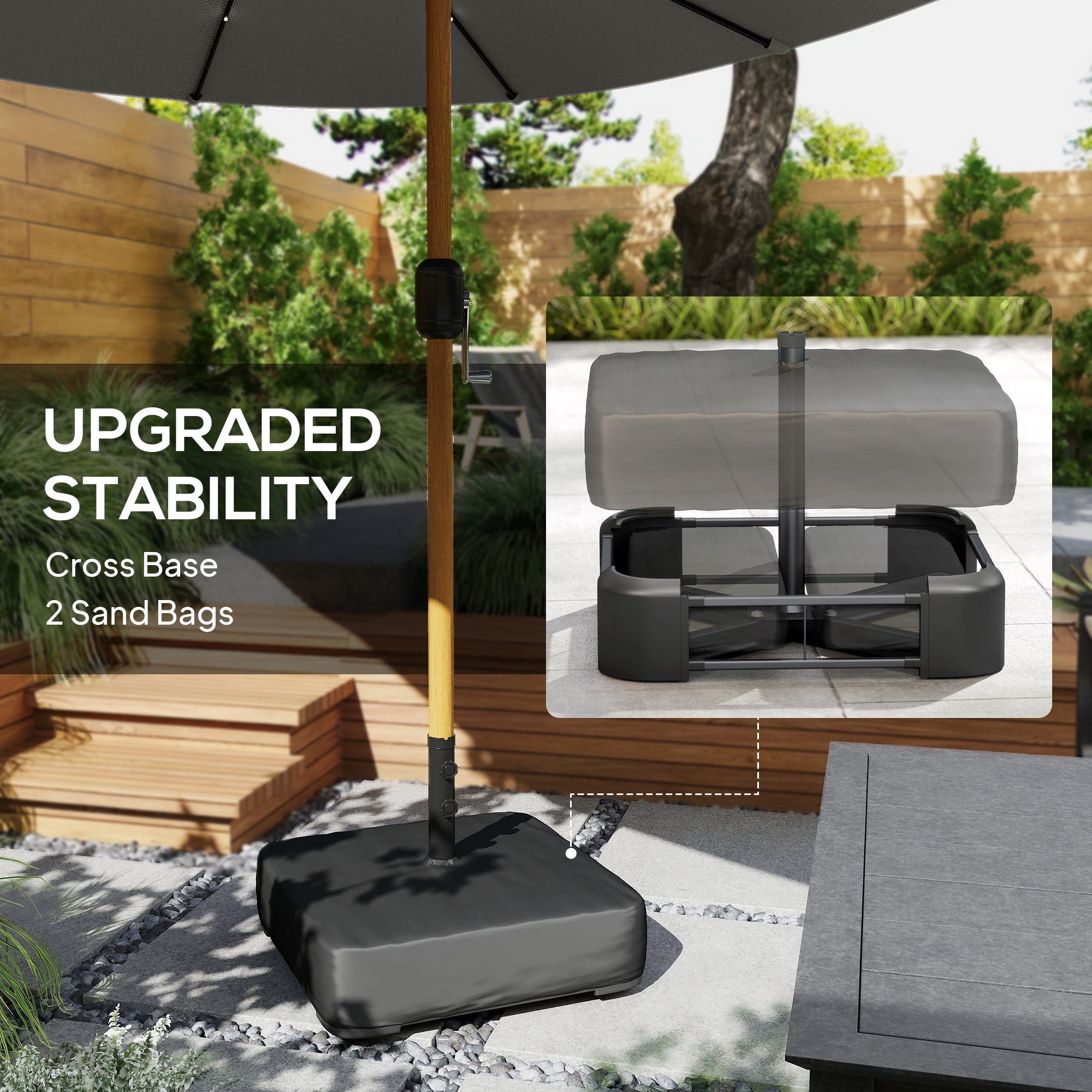 Double Sided Garden Parasol with Base Included & 48 Solar LED Lights Patio Umbrella Crank Handle 4.6m Light Grey