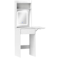 Small Vanity Desk with Mirror and LED Lights, Compact Dressing Table with Drop Leaf, Open Shelves and Drawer, White