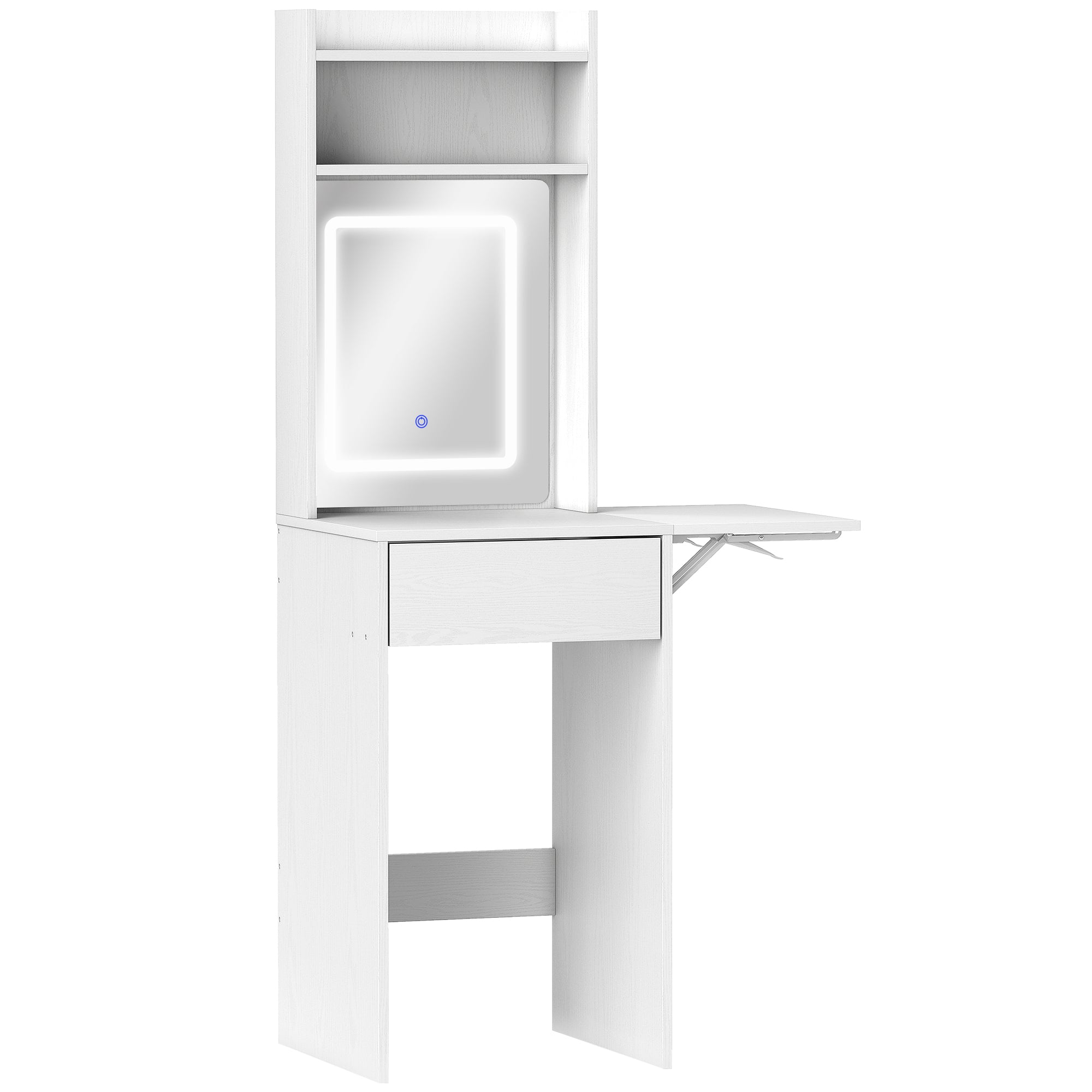 Small Vanity Desk with Mirror and LED Lights, Compact Dressing Table with Drop Leaf, Open Shelves and Drawer, White