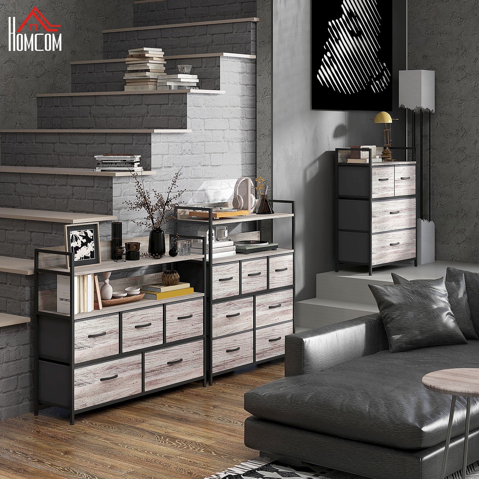 Rustic Chest of Seven Fabric Drawers - Grey Wood Effect