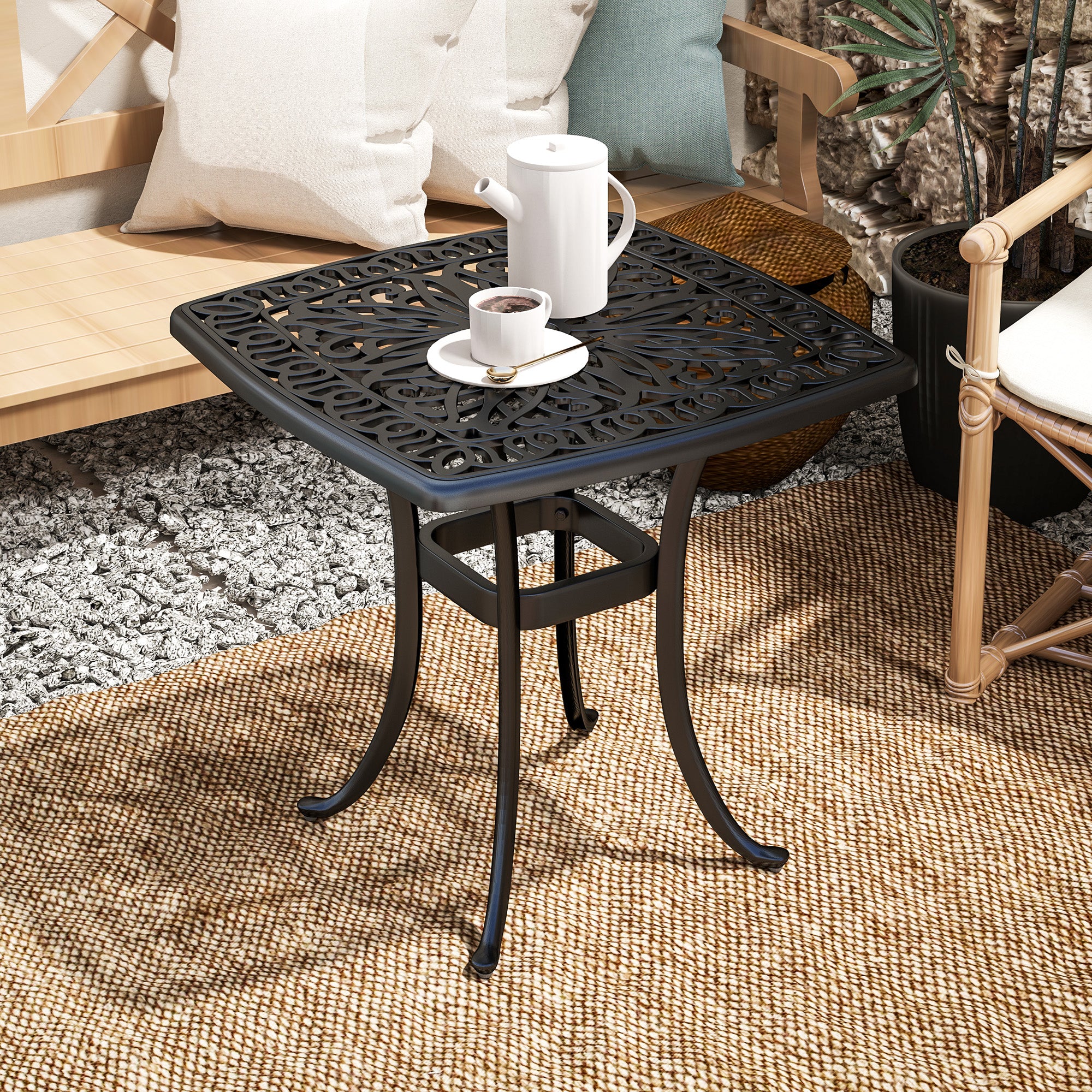 Outdoor Garden Table with 38mm Dia. Umbrella Hole, Cast Aluminium Patio End Table with Anti-slip Foot Pads for Garden, Patio, Balcony, 54 x 54cm, Black