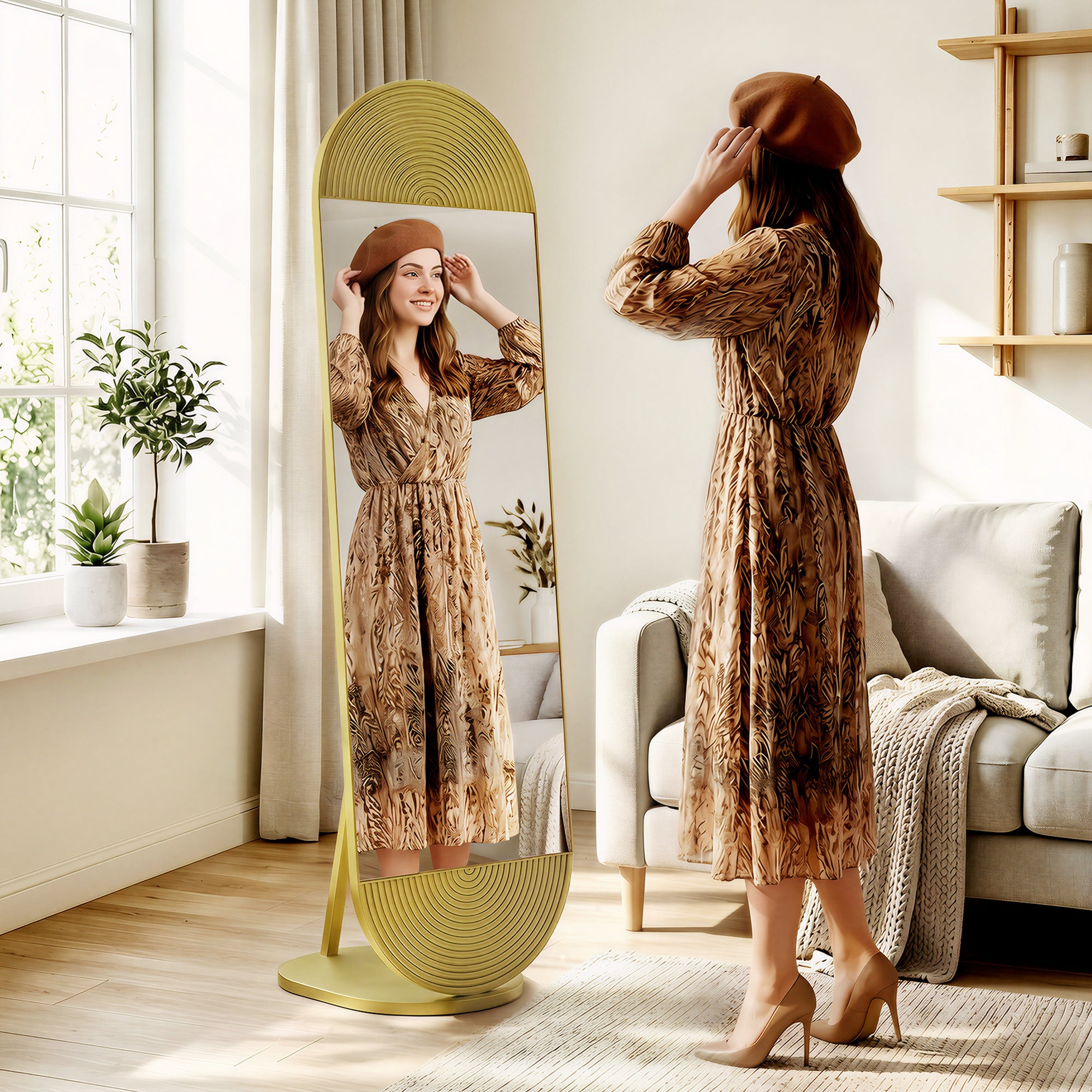 50 x 161 cm Wavy Full Length Mirror, Free Standing Mirror with Metal Frame and Solid Base, Gold Tone