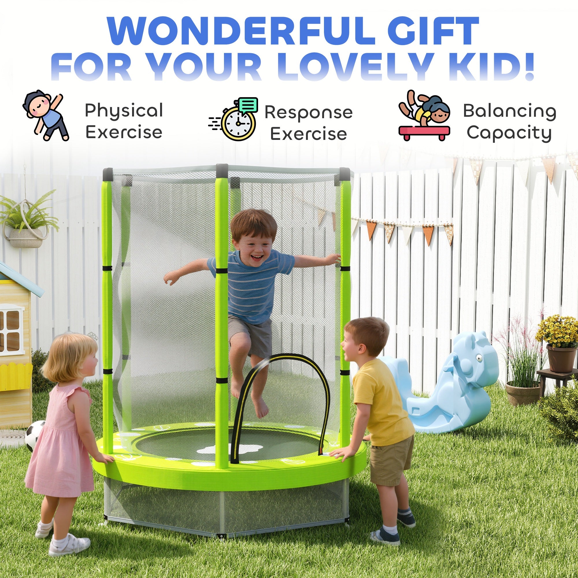 4.6ft Toddler Trampoline w/ Safety Enclosure Net, for Indoor Outdoor Use, Ages 3-6 Years, Green