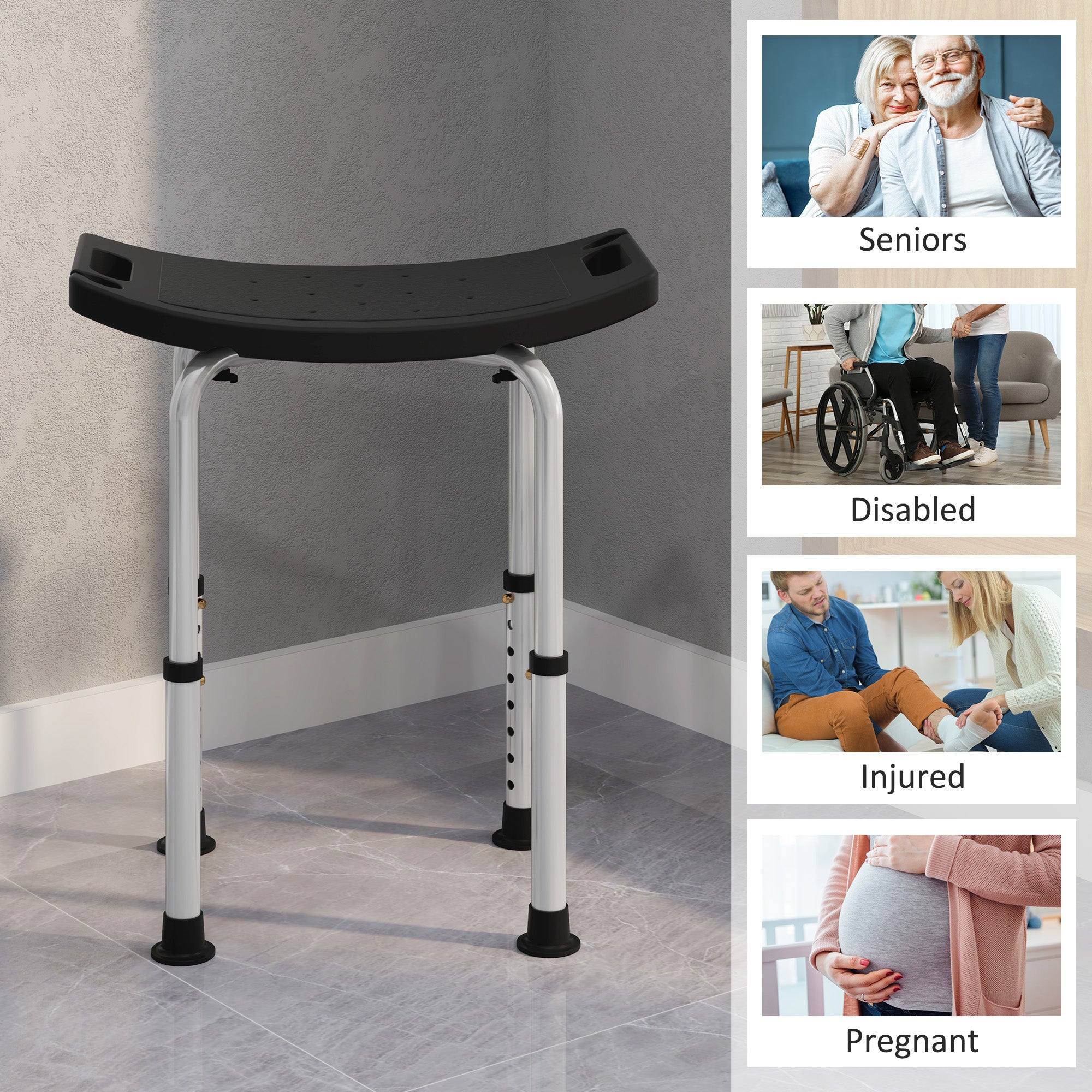 Height Adjustable Bath Stool, Aluminium Shower Stool with Non-Slip Pads for Elderly, Disabled, Seniors, Pregnant, Black