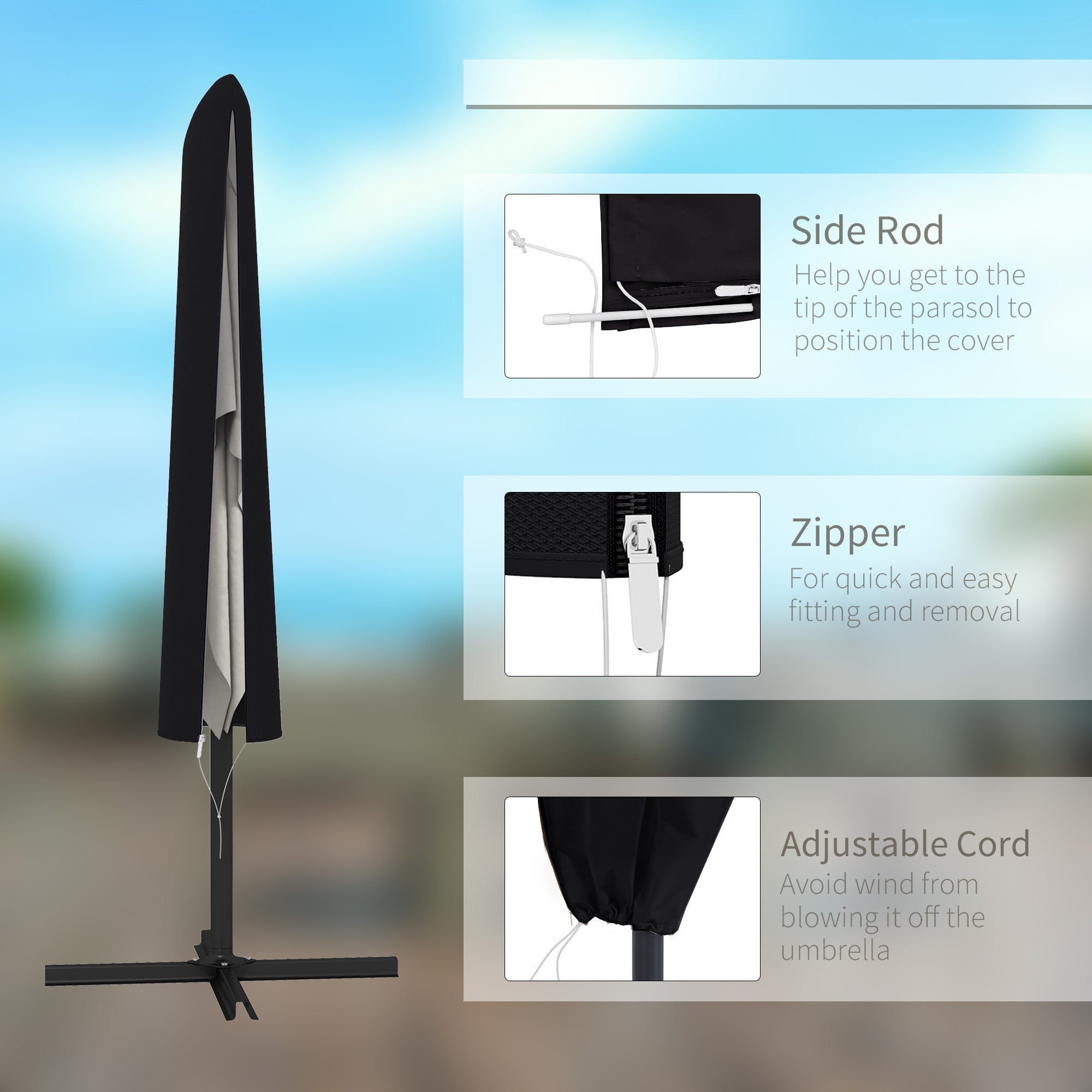 Garden Parasol Cover, Outdoor Patio Umbrella Protector Weatherproof Garden Patio with Rod, Zipper for 2-4m Parasol, Φ60 x 160cm, Black