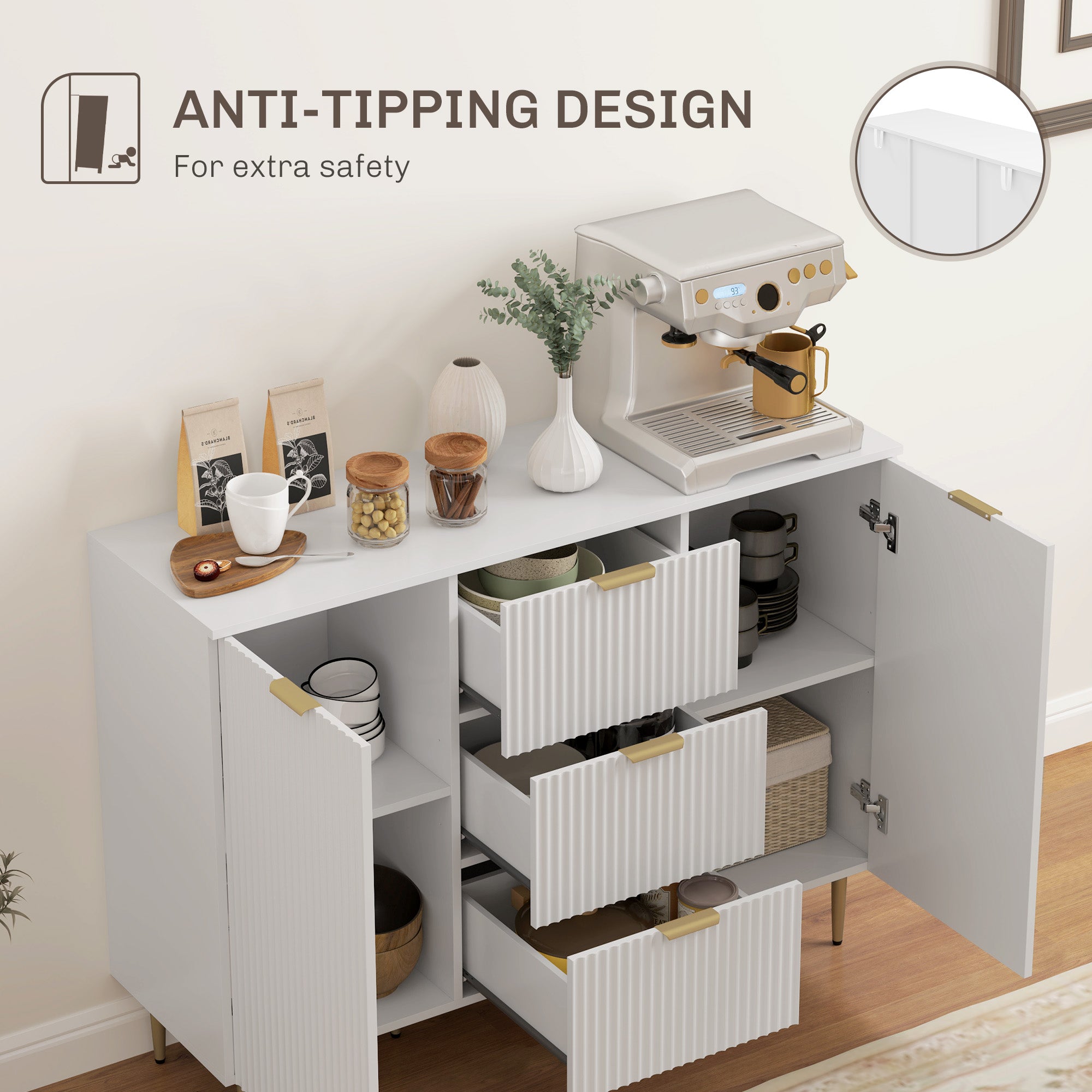 Sideboard Buffet Cabinet, Modern Kitchen Storage Cabinet with 3 Drawers and Adjustable Shelves, Living Room Cabinet with Metal Legs for Hallway, White