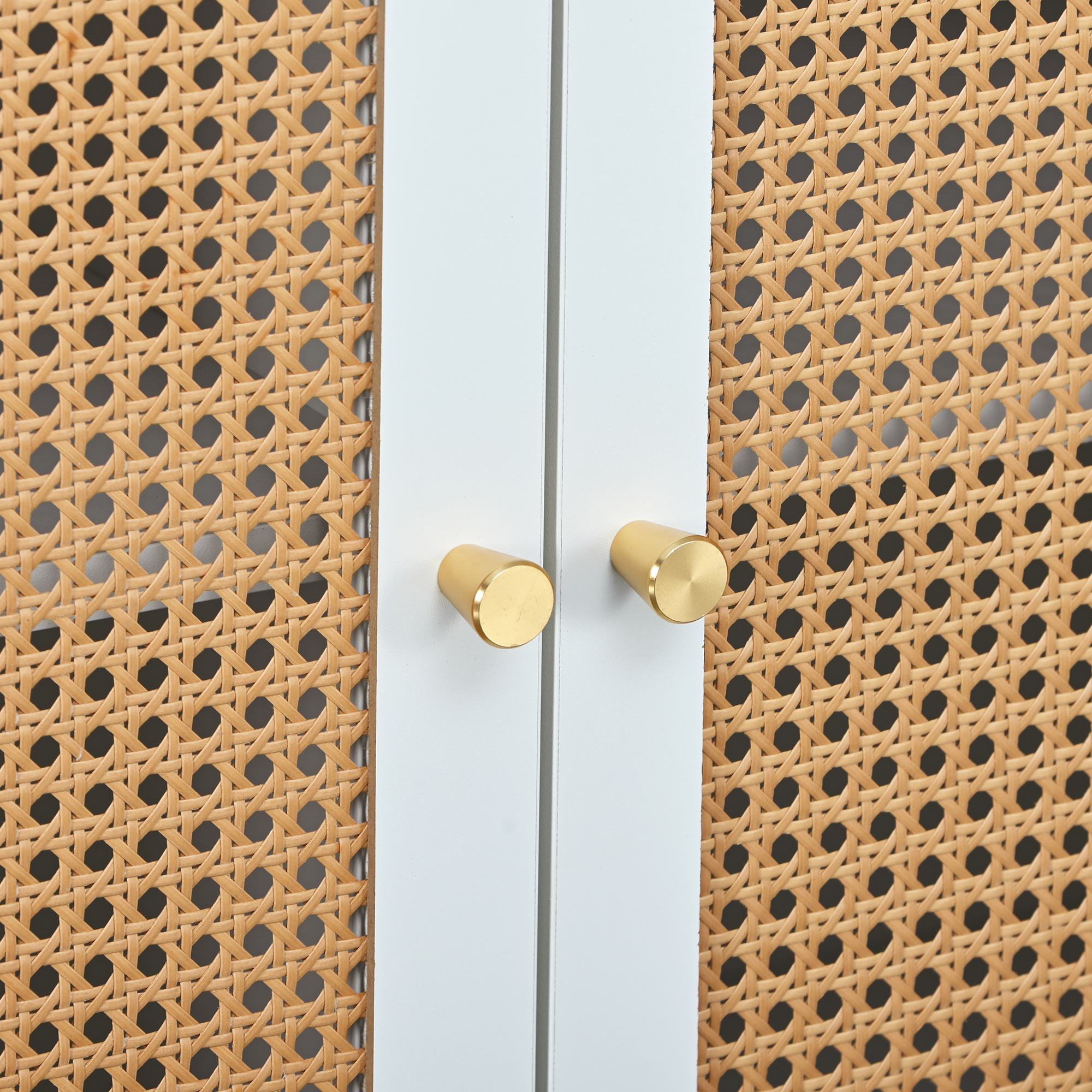 Versatile Rattan Sideboard with 3 Doors and Metal Handles, Storage Cabinet for Living Room and Office, 130L x 40W x 76H cm, White