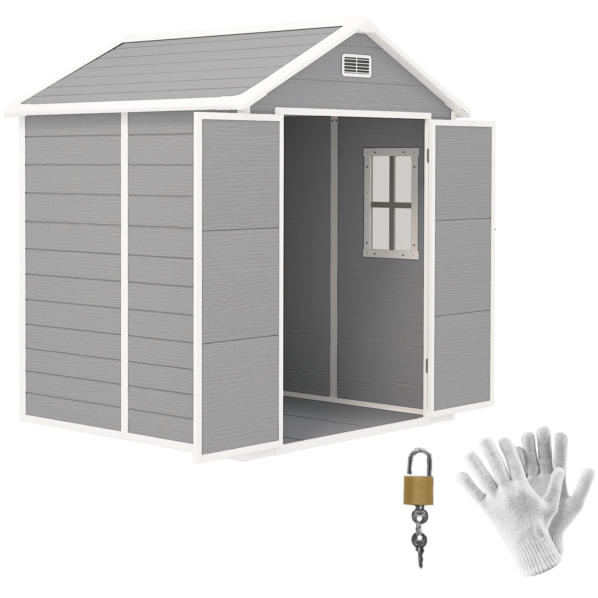 6 x 5ft Garden Shed, Plastic Shed with Floor, Window, Lockable Doors and Vents, Wood Effect Resin Tool Shed for Outdoor Patio, Dark Grey