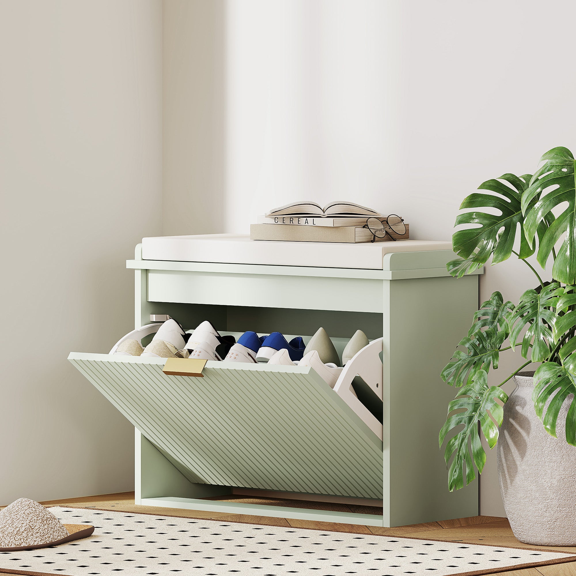 Elegant Six Shoe Bench, with Top Seat - Green