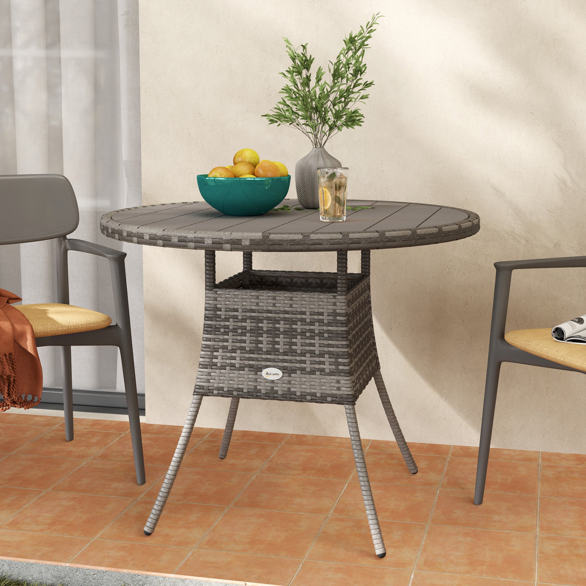 90cm Four-Person Wood-Effect Rattan Dining Table - Grey