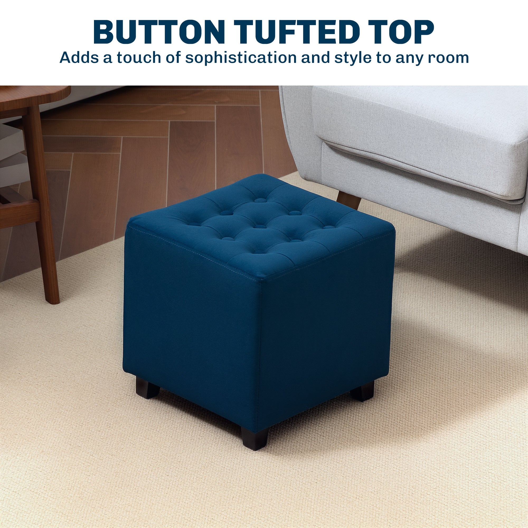 Velvet-Feel Square Ottoman - Blue