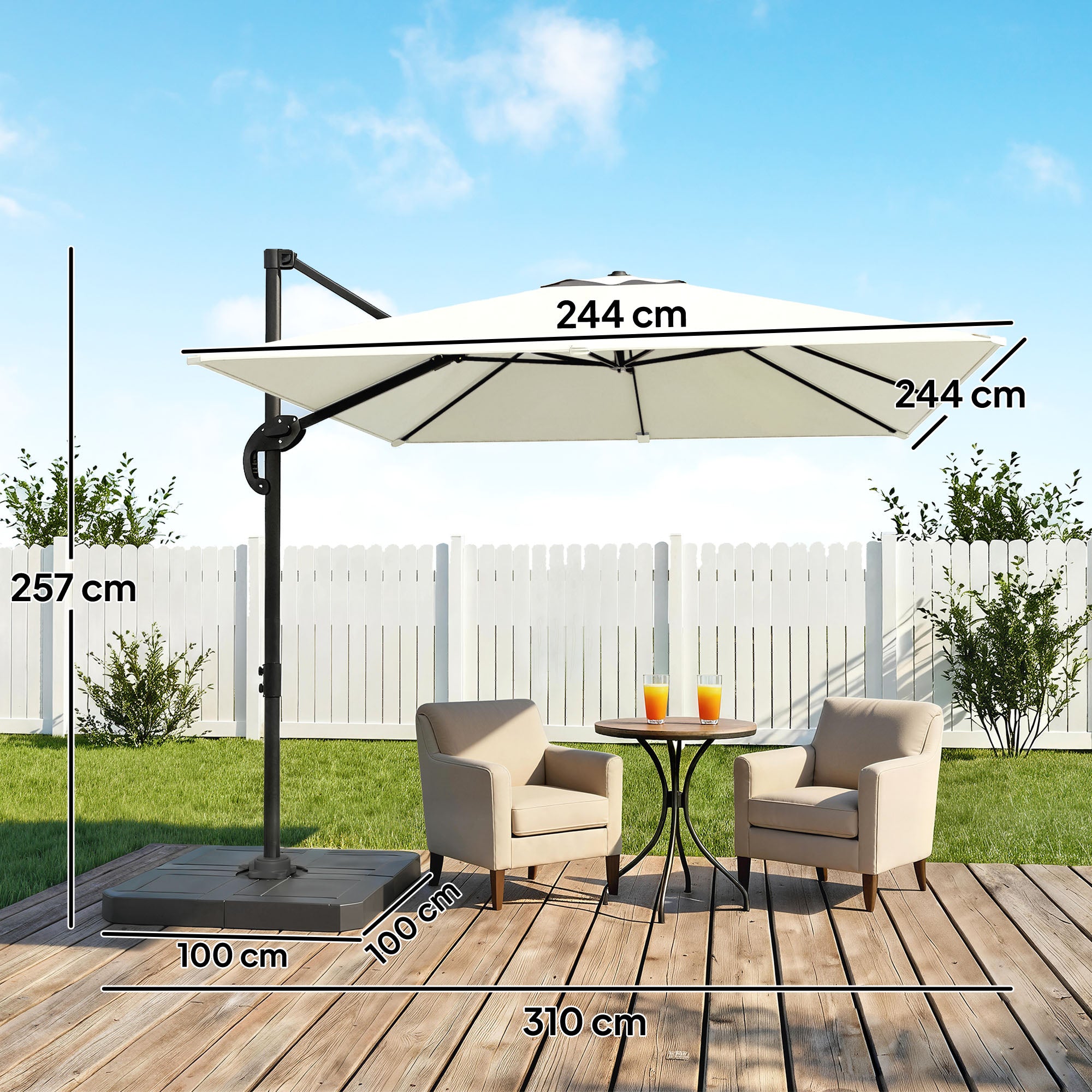 2.4 x 2.4m Cantilever Parasol with Umbrella Weights, UPF50+ Offset Outdoor Umbrella w/ Easy Tilt Adjustment, Cream White