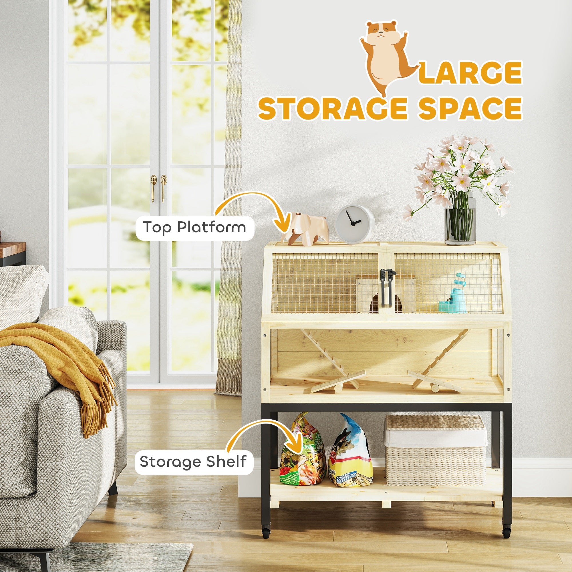 Wooden Hamster Cage with Storage Shelf, Wheels, Ramps, Water Bottle, Hut, Seesaws