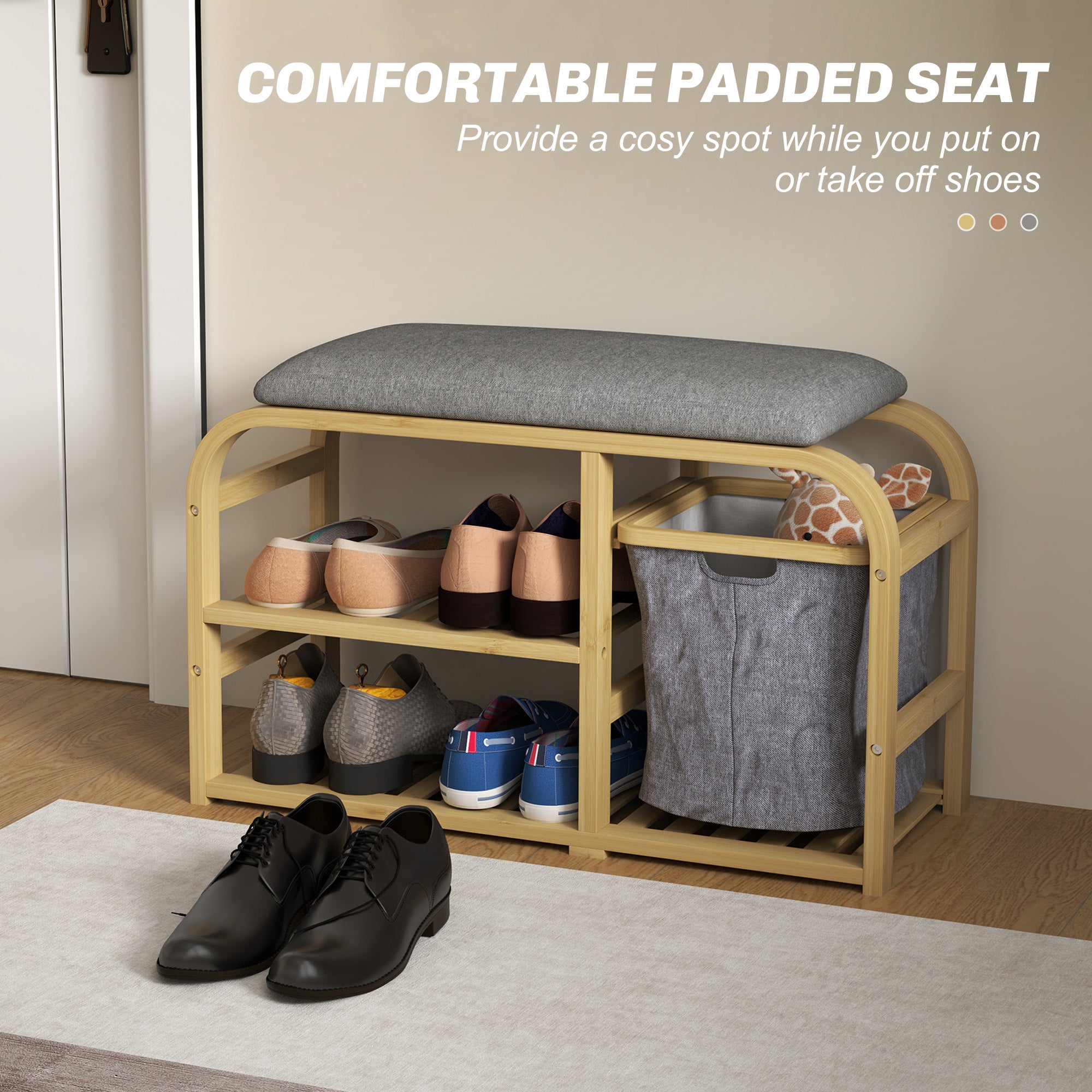 Bamboo Shoe Rack Bench with Padded Seat - Nature Wood Finish