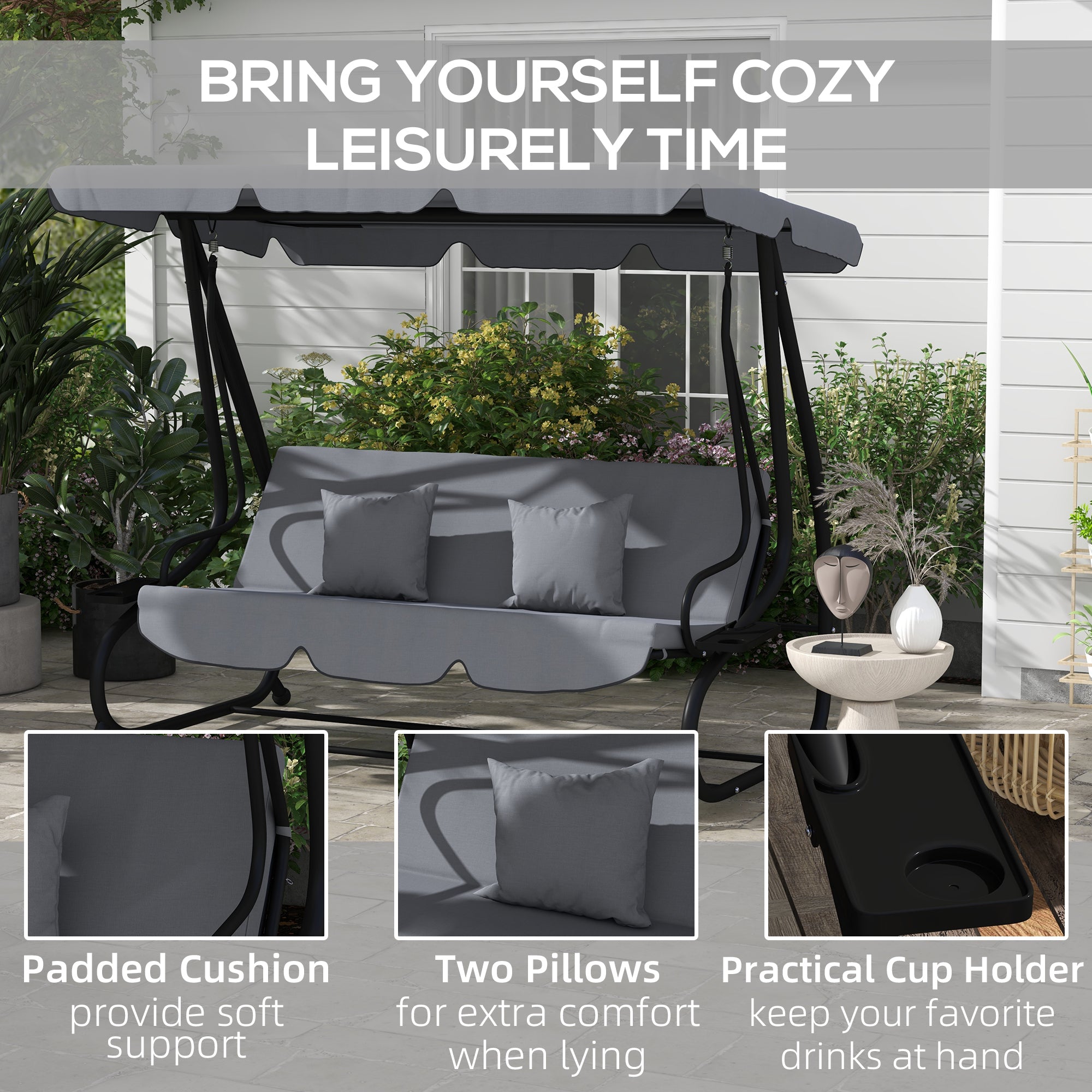 Three-Person garden Swing Chair, with Adjustable Canopy - Dark Grey