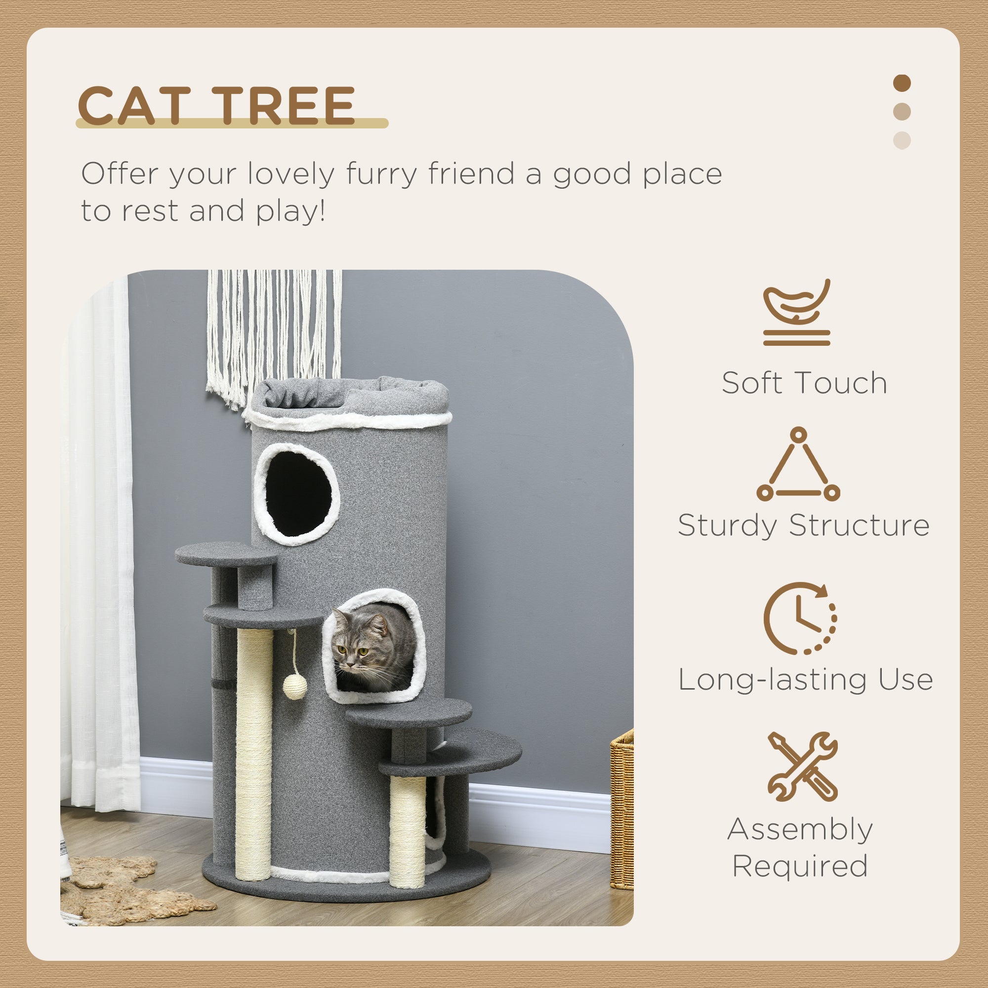 Barrel Shaped Cat Tree with Sisal Scratching Posts, Cat Bed, Platforms, Hanging Ball, Grey, Grey