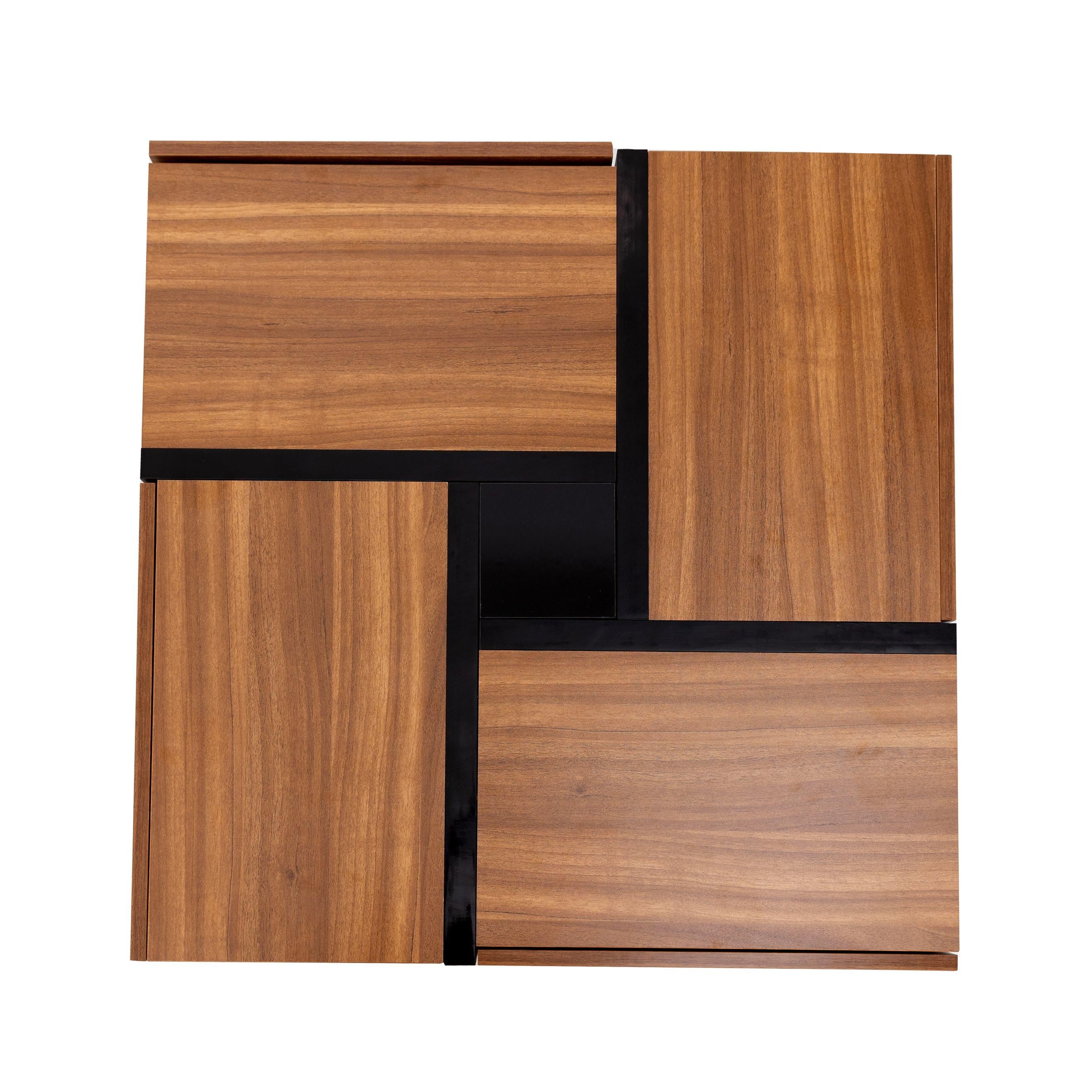 Square Coffee Table with 4 Drawers, Unique Pattern, Bottom Storage, 78L x 78W x 36H cm, Natural