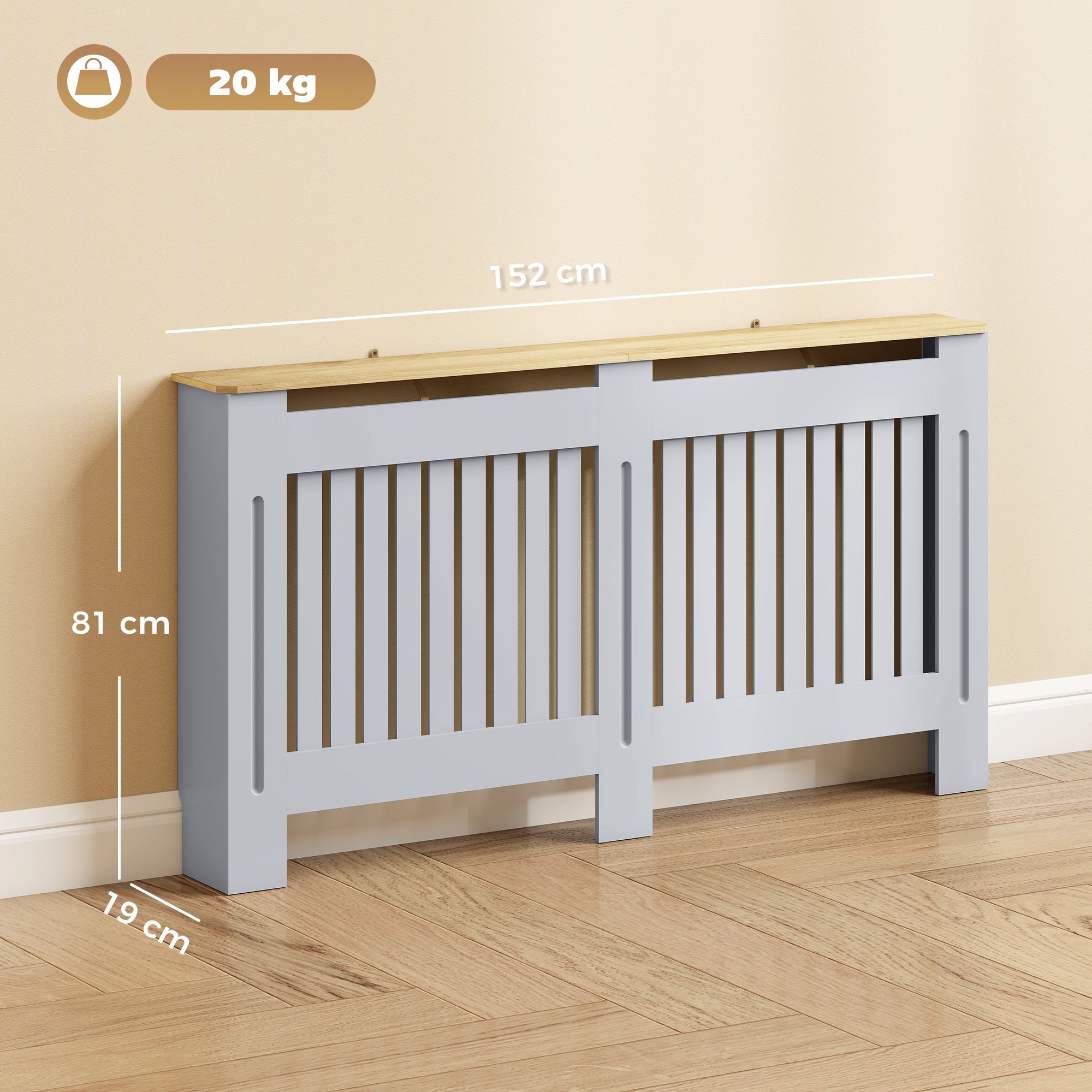 Slatted Radiator Cover, Painted Cabinet with Line Grill Design, 152L × 19W × 81H cm, Grey