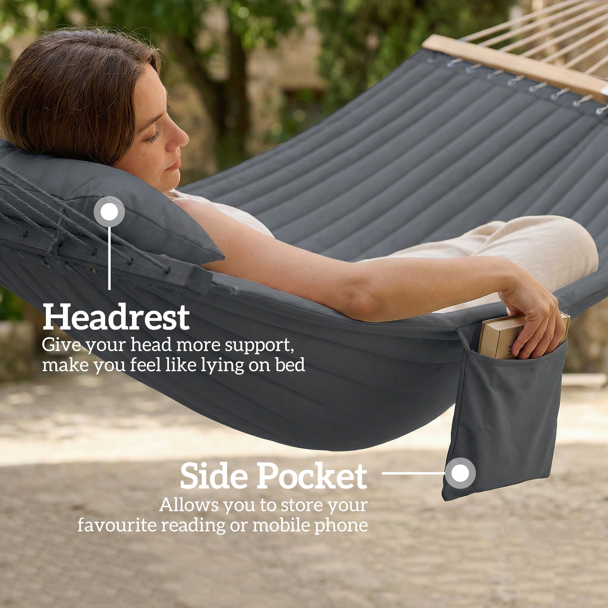 Double Hammock 2 Person Swing Bed with Spreader Bars, Pillows, Pad, 200 x 140cm, Grey