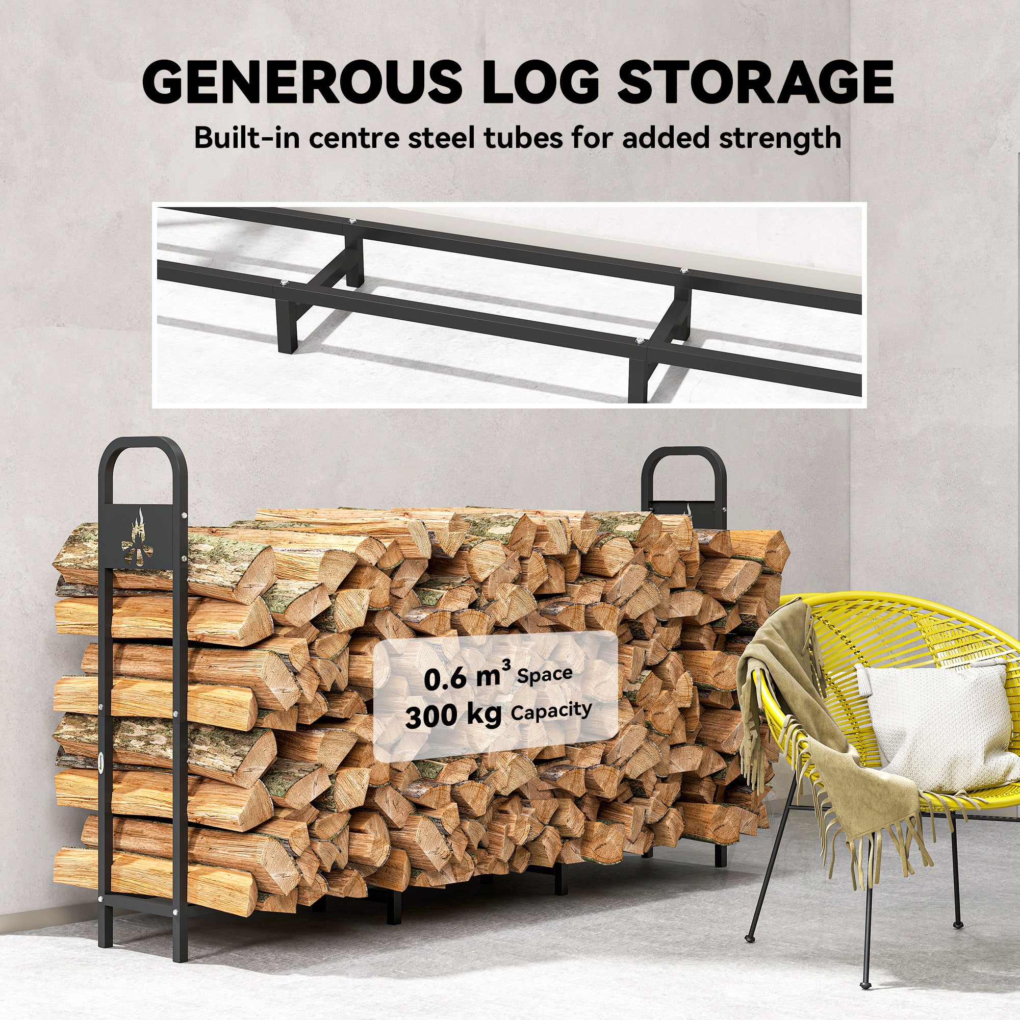 6.5 FT Steel Firewood Log Rack with 300 kg Capacity, Heavy Duty Indoor Outdoor Fireplace Wood Storage Shelf, Log Holder/Stand with Extra Support Legs, Decorative Bonfire Pattern, Black