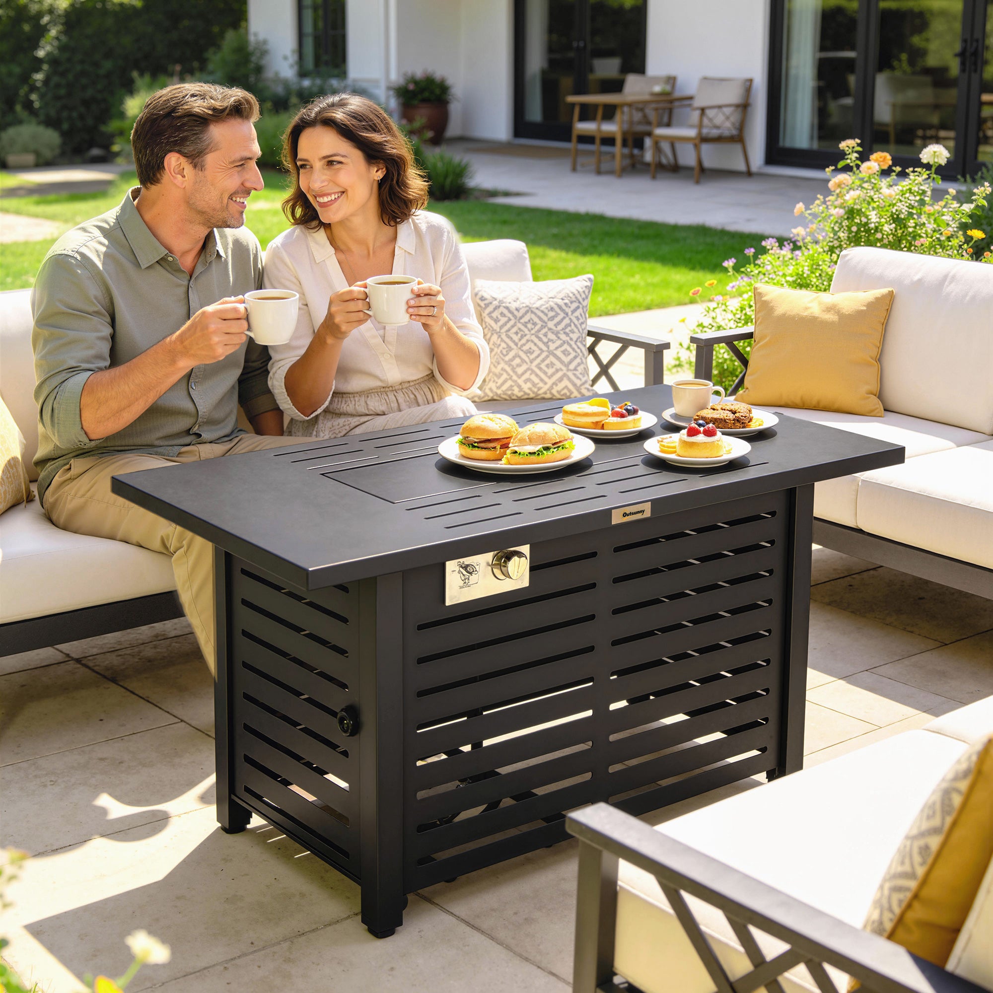 Propane Gas Fire Pit Table, Outdoor Firepit with 43" Steel Tabletop and Lid, 50,000 BTU Pulse Ignition Fire Table w/ Stainless Steel Burner, Glass Wind Guard, and Cover