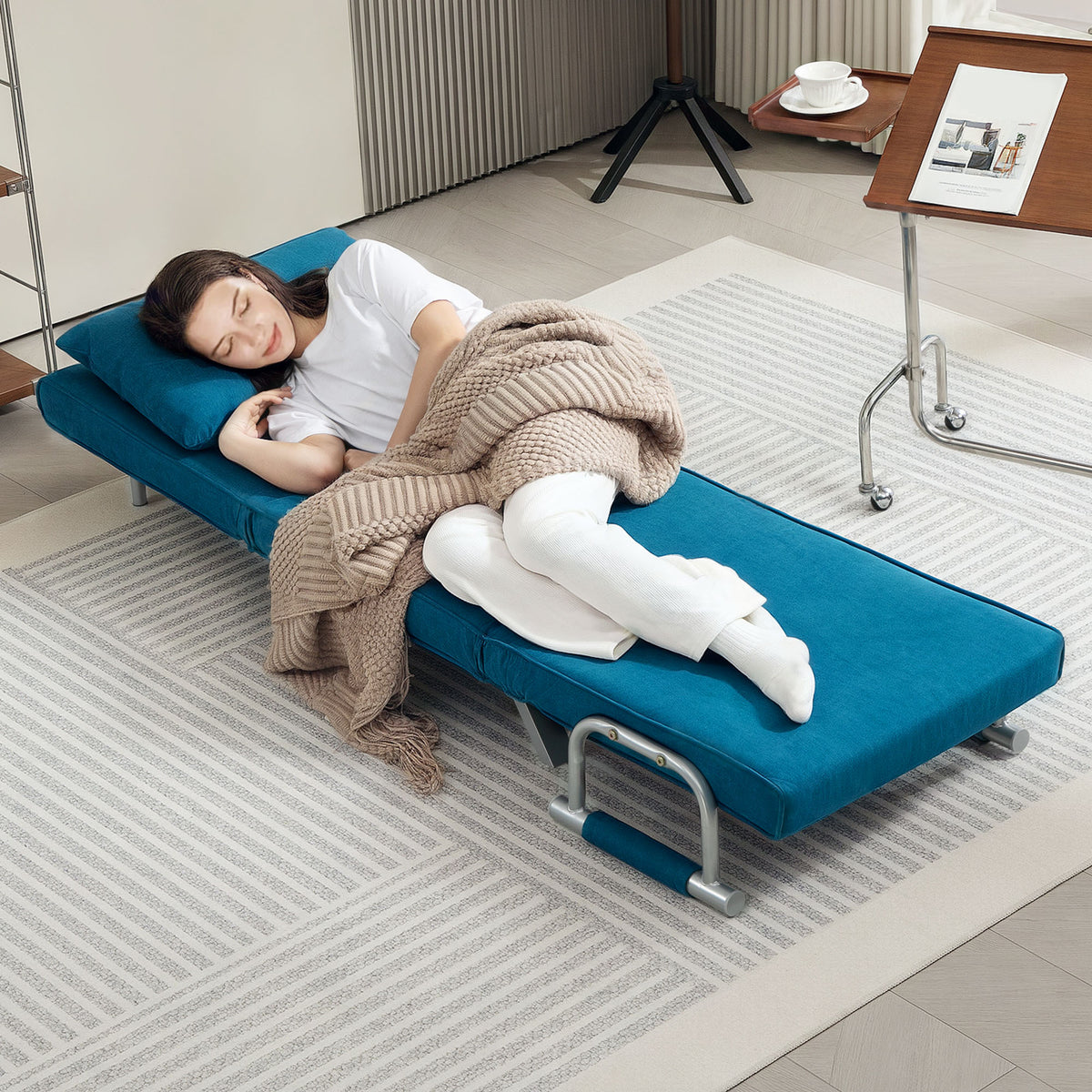4-in-1 Adjustable Faux Suede Chair Bed with Pillow - Blue