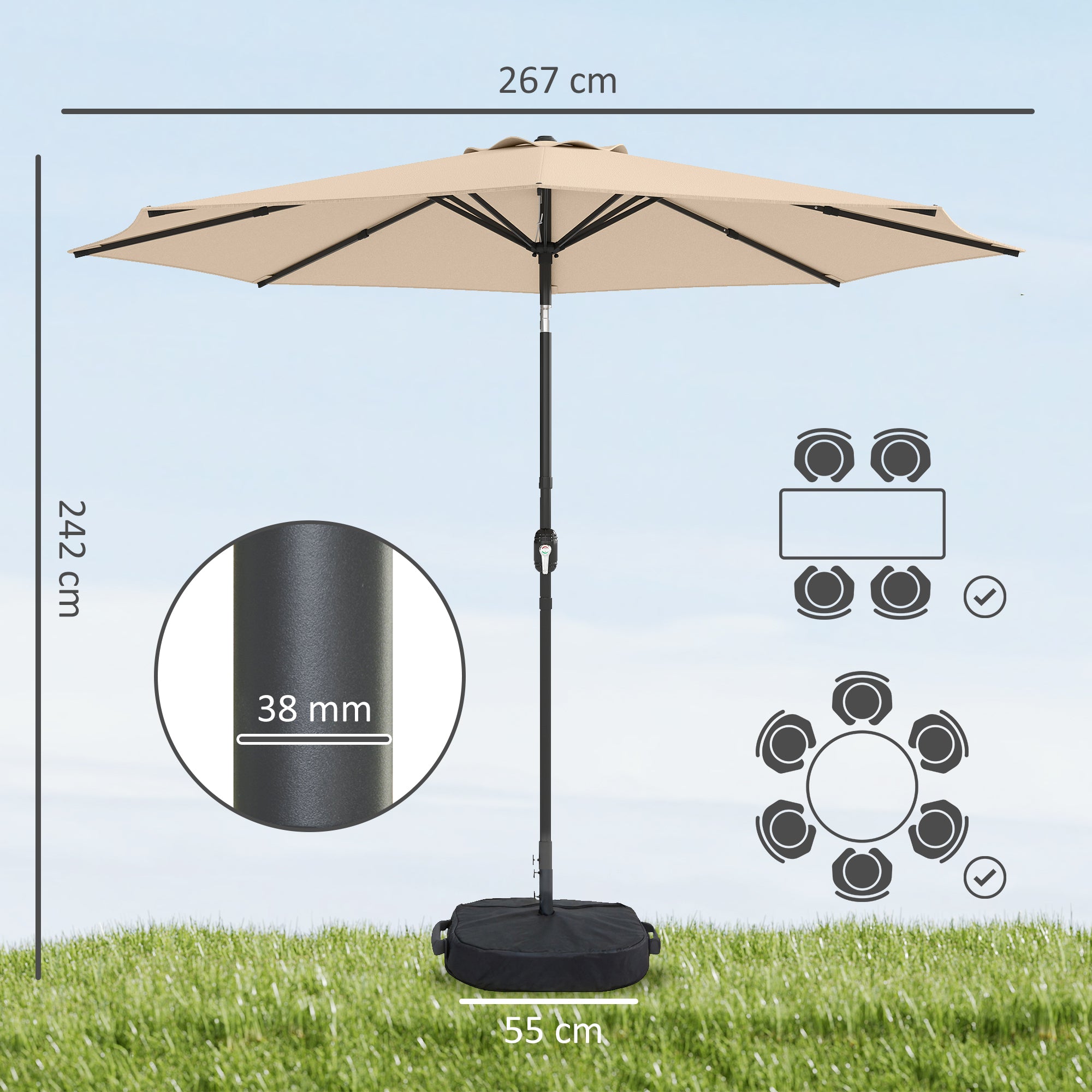 2.7 m Garden Parasol Umbrella with Cross Base and Sandbag, Retractable Ribs, Outdoor Table Market Umbrella, Khaki