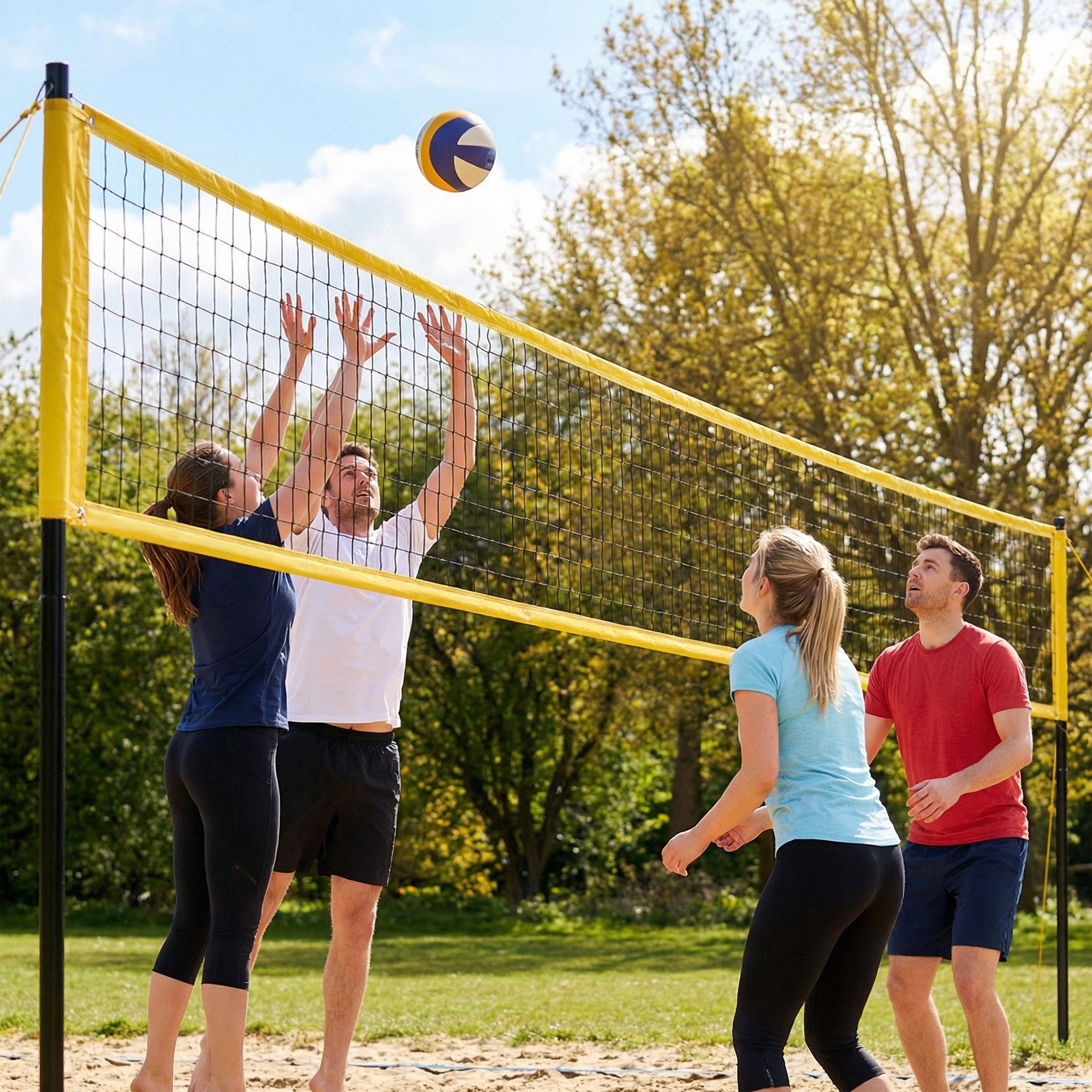 Portable Volleyball Net Set with Adjustable Height Steel Poles, Volleyball, Boundary Line and Carrying Bag for Beach