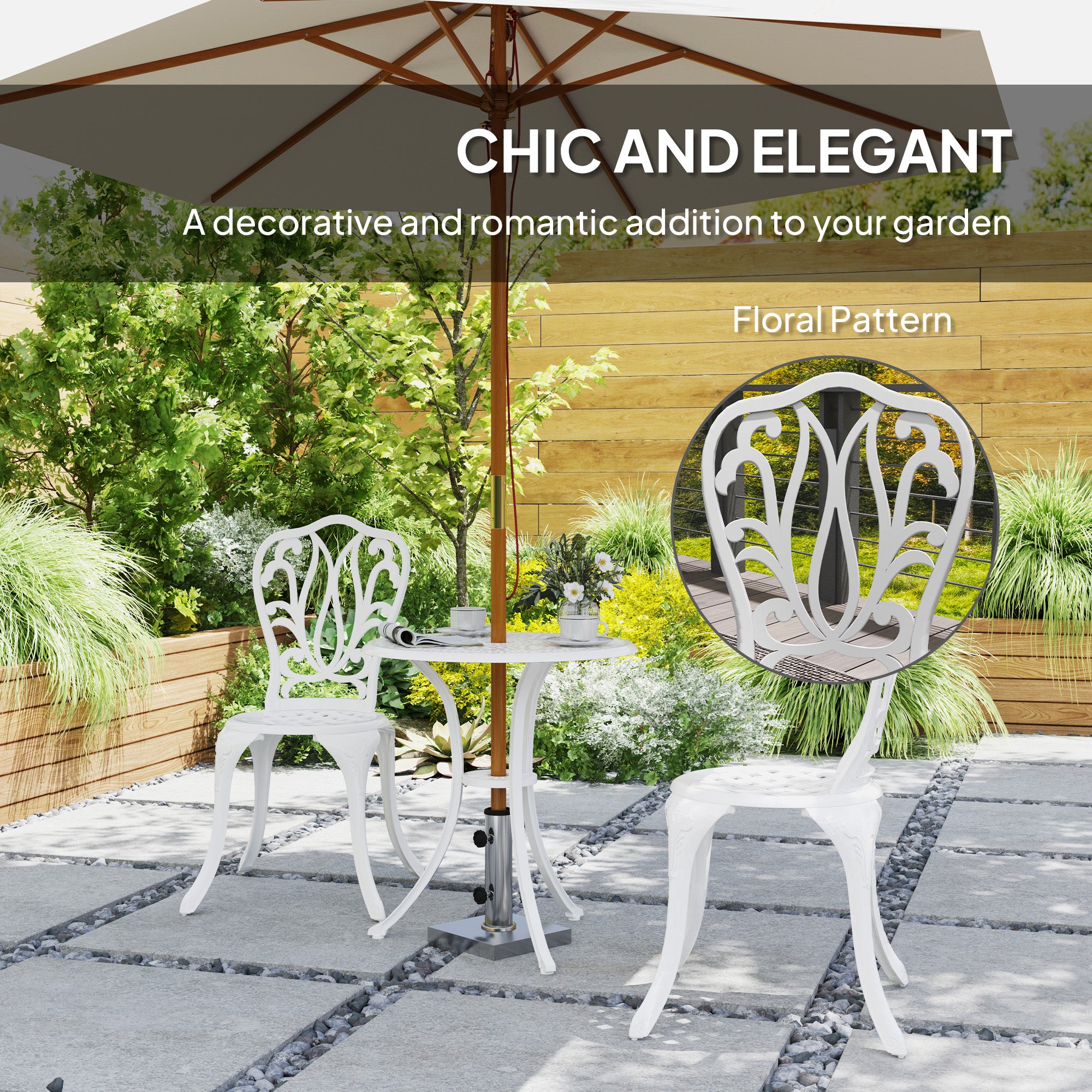 3 Piece Cast Aluminium Garden Bistro Set with Umbrella Hole - White
