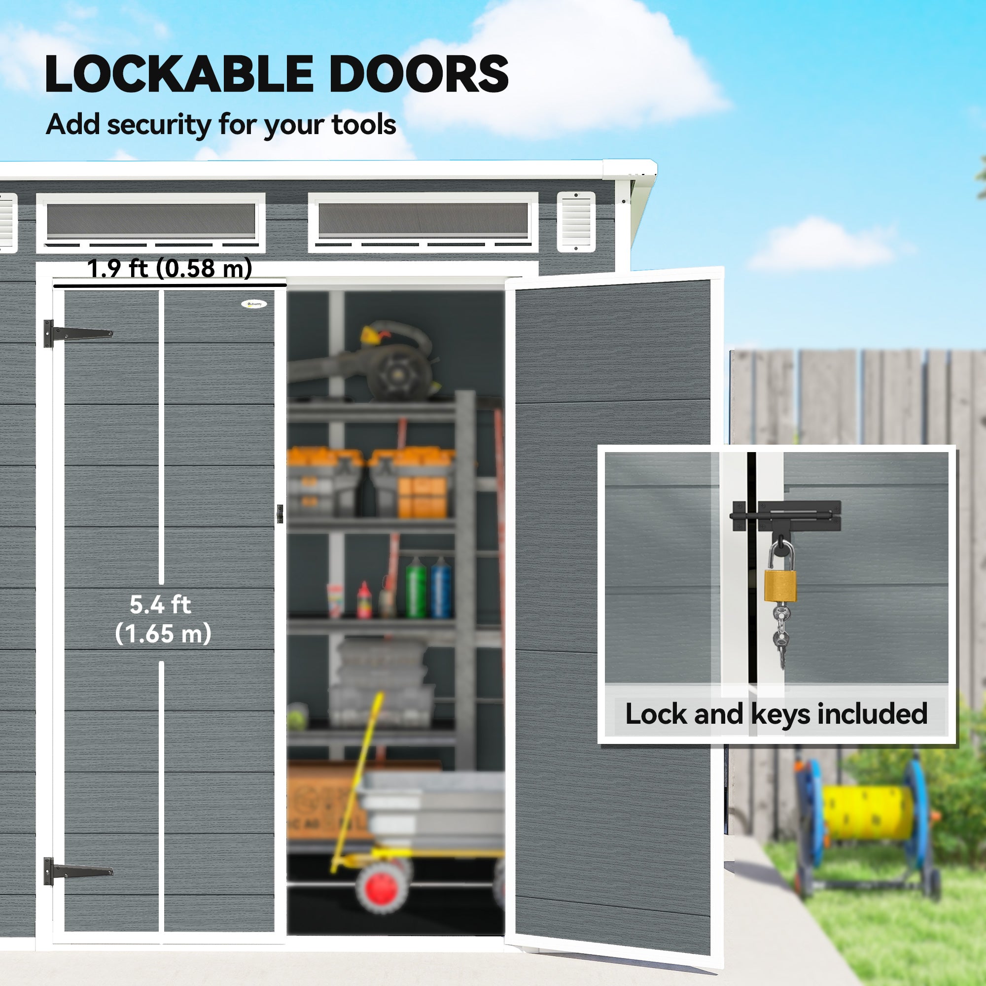 6 x 6 ft Plastic Garden Shed, Wood-Effect Outdoor Storage Shed with Floor, Windows, Lockable Doors and Vents, Grey